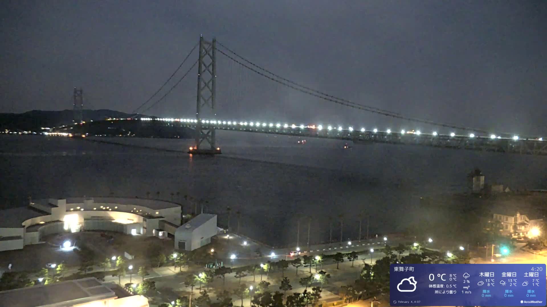 Kobe, Akashi Kaikyo Bridge with Akashi Strait & Seto Inland Sea View ( 神戸、明石海峡と瀬戸内海を望む明石海峡大橋 )Live Cam - 7 Chome, Higashimaikocho, Tarimu-ku, Kobe, Hyogo, Kansai, Japan