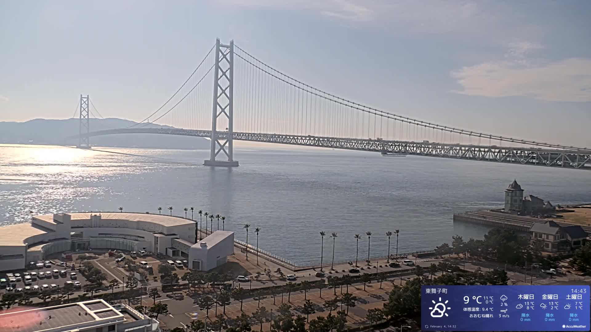 Kobe, Akashi Kaikyo Bridge with Akashi Strait & Seto Inland Sea View ( 神戸、明石海峡と瀬戸内海を望む明石海峡大橋 )Live Cam - 7 Chome, Higashimaikocho, Tarimu-ku, Kobe, Hyogo, Kansai, Japan