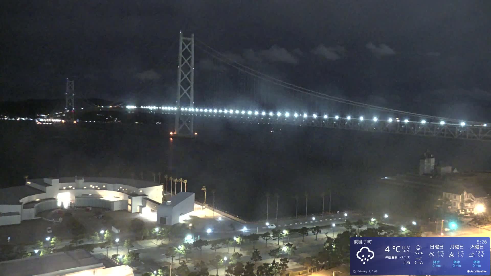 Kobe, Akashi Kaikyo Bridge with Akashi Strait & Seto Inland Sea View ( 神戸、明石海峡と瀬戸内海を望む明石海峡大橋 )Live Cam - 7 Chome, Higashimaikocho, Tarimu-ku, Kobe, Hyogo, Kansai, Japan