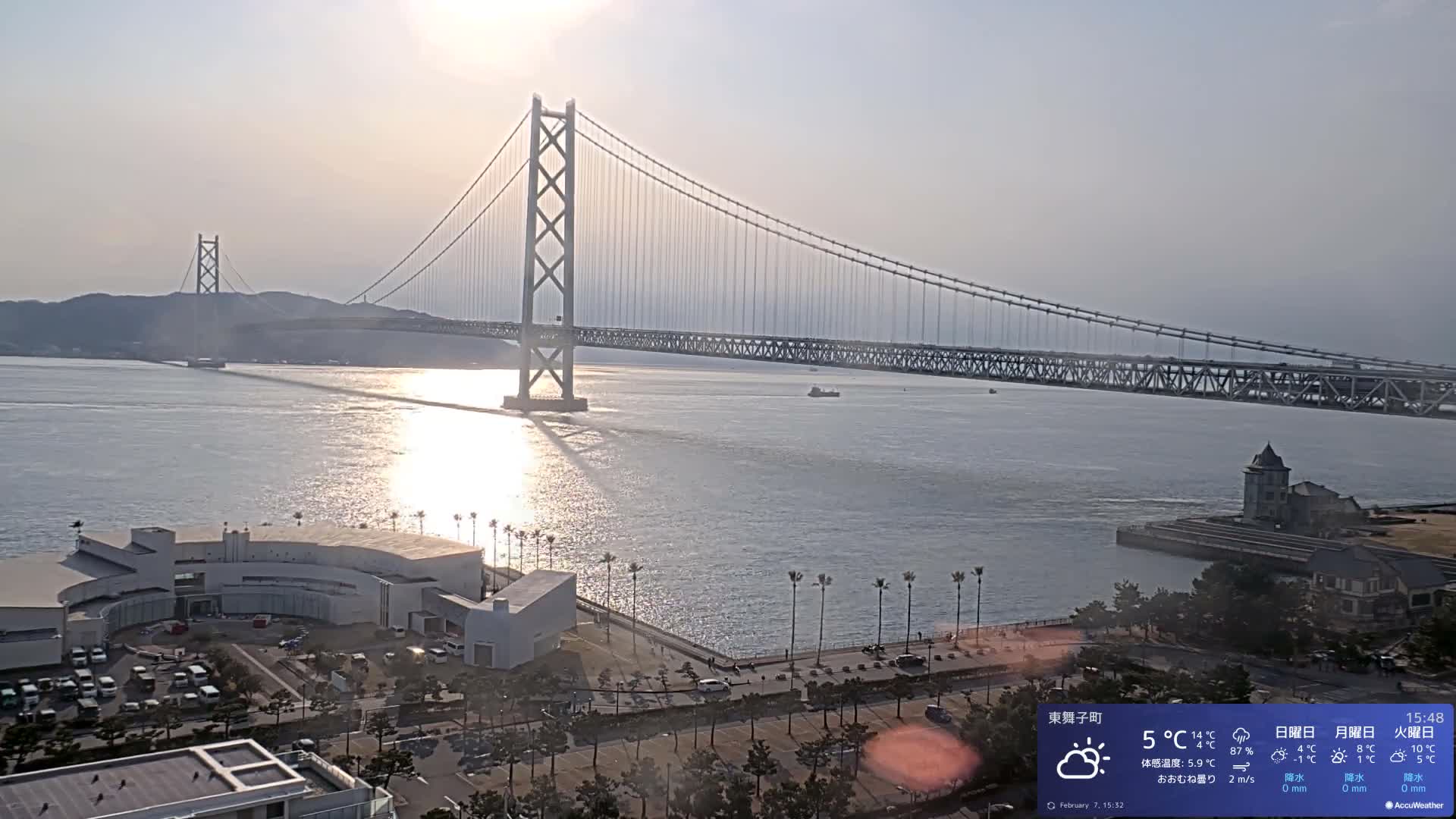 Kobe, Akashi Kaikyo Bridge with Akashi Strait & Seto Inland Sea View ( 神戸、明石海峡と瀬戸内海を望む明石海峡大橋 )Live Cam - 7 Chome, Higashimaikocho, Tarimu-ku, Kobe, Hyogo, Kansai, Japan