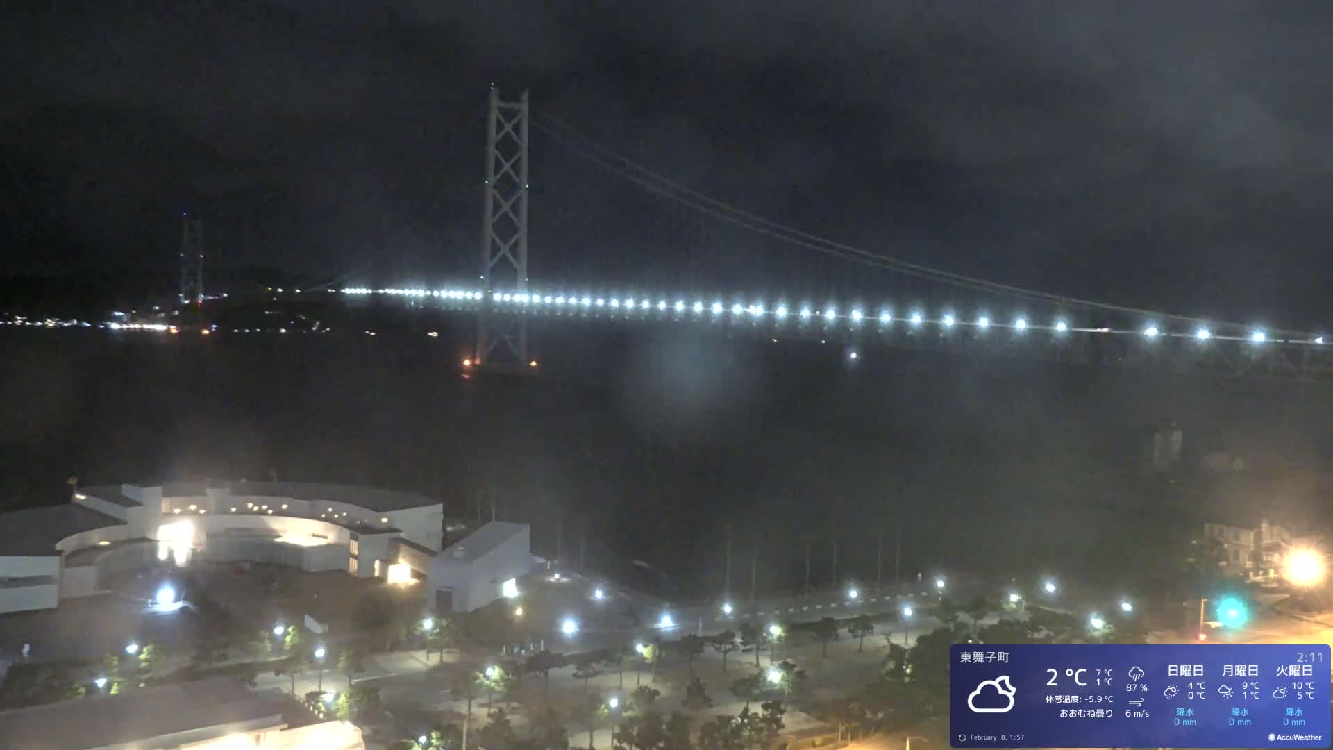 Kobe, Akashi Kaikyo Bridge with Akashi Strait & Seto Inland Sea View ( 神戸、明石海峡と瀬戸内海を望む明石海峡大橋 )Live Cam - 7 Chome, Higashimaikocho, Tarimu-ku, Kobe, Hyogo, Kansai, Japan