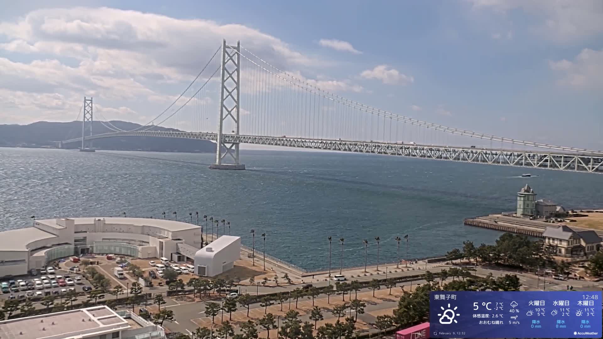 Kobe, Akashi Kaikyo Bridge with Akashi Strait & Seto Inland Sea View ( 神戸、明石海峡と瀬戸内海を望む明石海峡大橋 )Live Cam - 7 Chome, Higashimaikocho, Tarimu-ku, Kobe, Hyogo, Kansai, Japan