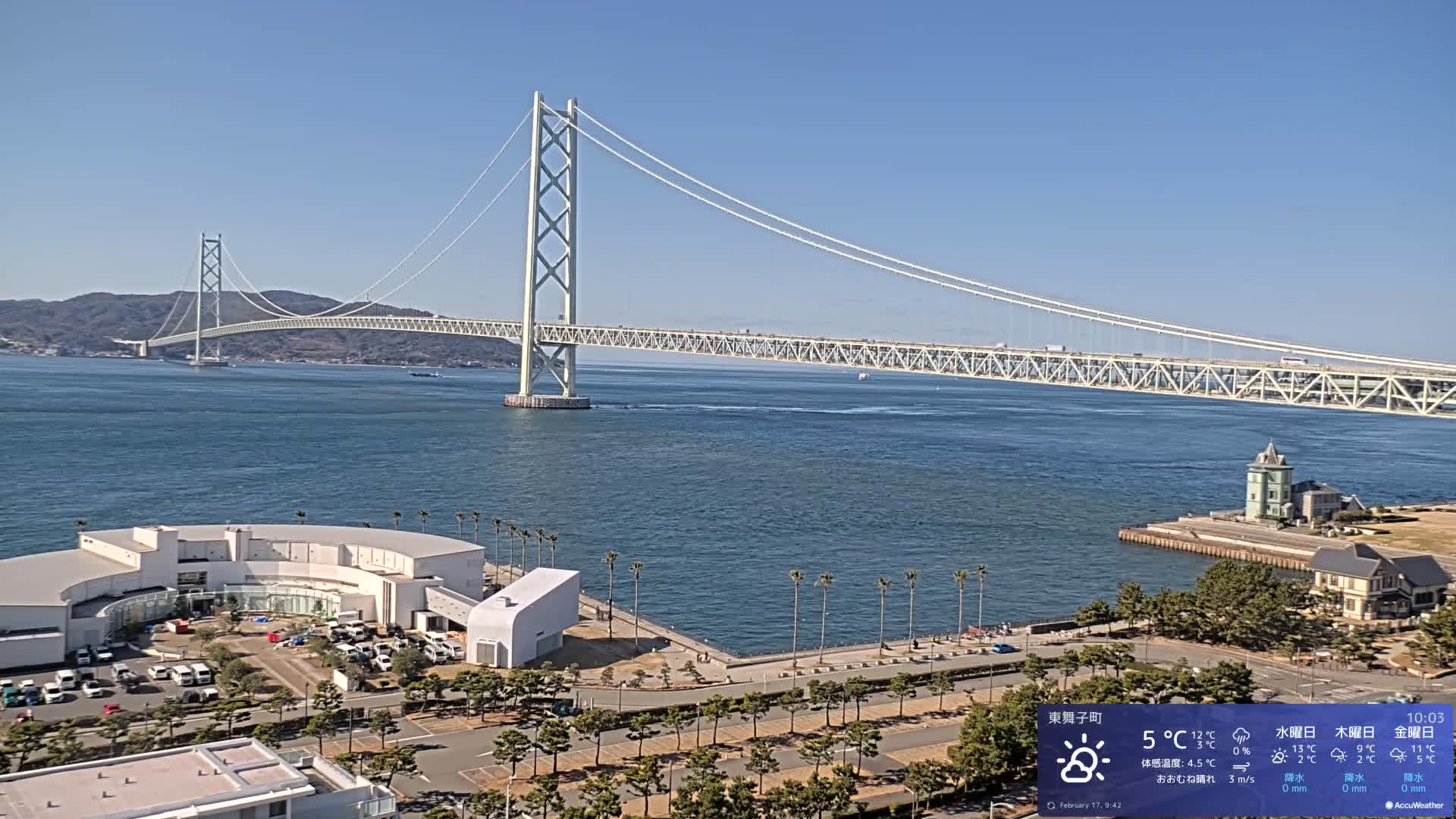 Kobe, Akashi Kaikyo Bridge with Akashi Strait & Seto Inland Sea View ( 神戸、明石海峡と瀬戸内海を望む明石海峡大橋 )Live Cam - 7 Chome, Higashimaikocho, Tarimu-ku, Kobe, Hyogo, Kansai, Japan