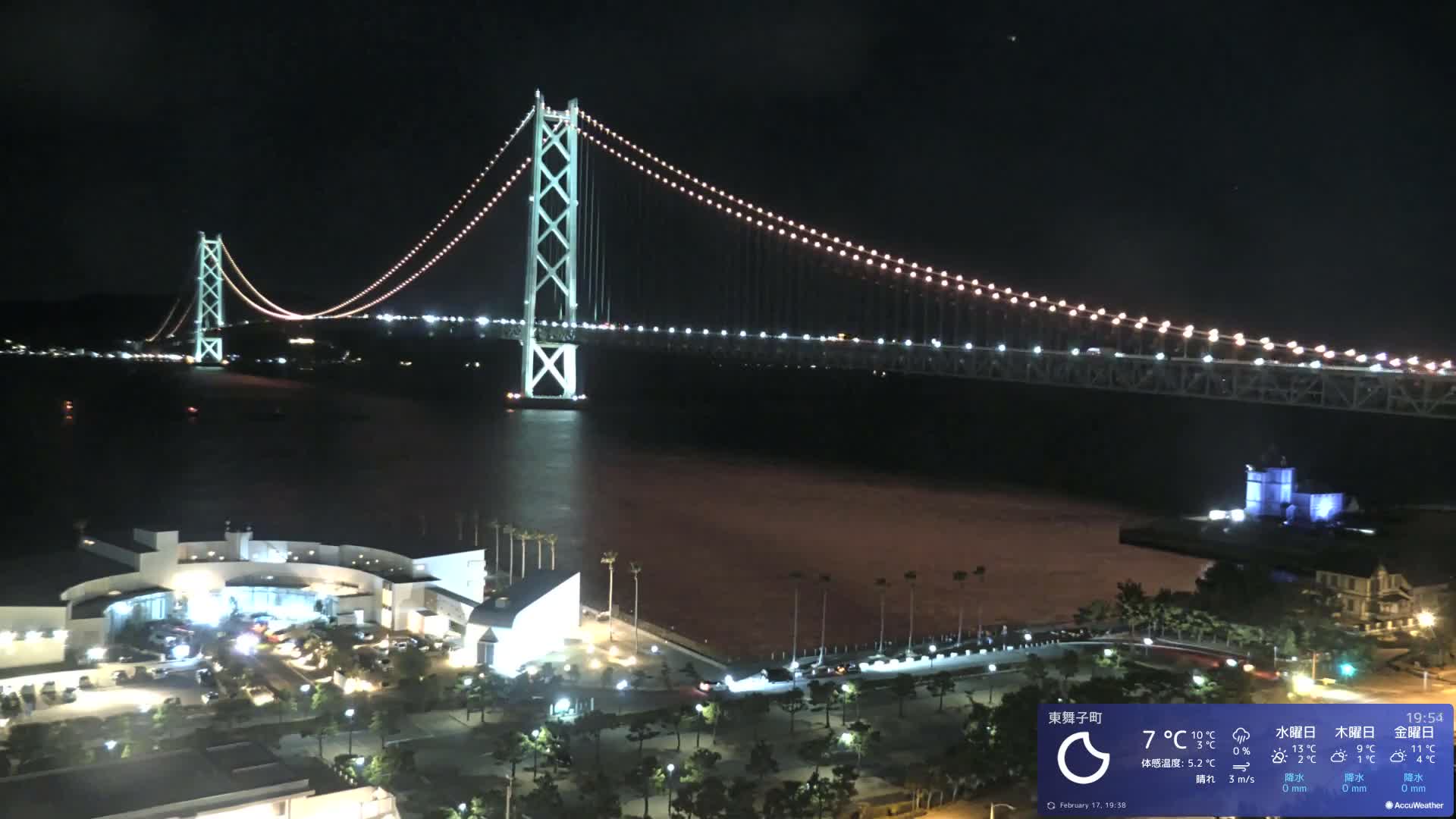 Kobe, Akashi Kaikyo Bridge with Akashi Strait & Seto Inland Sea View ( 神戸、明石海峡と瀬戸内海を望む明石海峡大橋 )Live Cam - 7 Chome, Higashimaikocho, Tarimu-ku, Kobe, Hyogo, Kansai, Japan