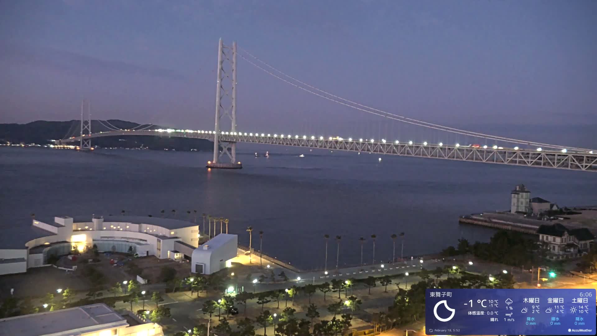 Kobe, Akashi Kaikyo Bridge with Akashi Strait & Seto Inland Sea View ( 神戸、明石海峡と瀬戸内海を望む明石海峡大橋 )Live Cam - 7 Chome, Higashimaikocho, Tarimu-ku, Kobe, Hyogo, Kansai, Japan