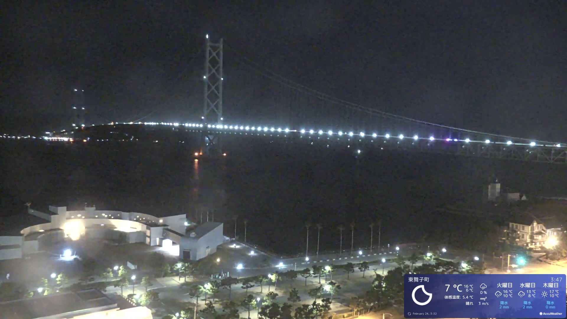 Kobe, Akashi Kaikyo Bridge with Akashi Strait & Seto Inland Sea View ( 神戸、明石海峡と瀬戸内海を望む明石海峡大橋 )Live Cam - 7 Chome, Higashimaikocho, Tarimu-ku, Kobe, Hyogo, Kansai, Japan