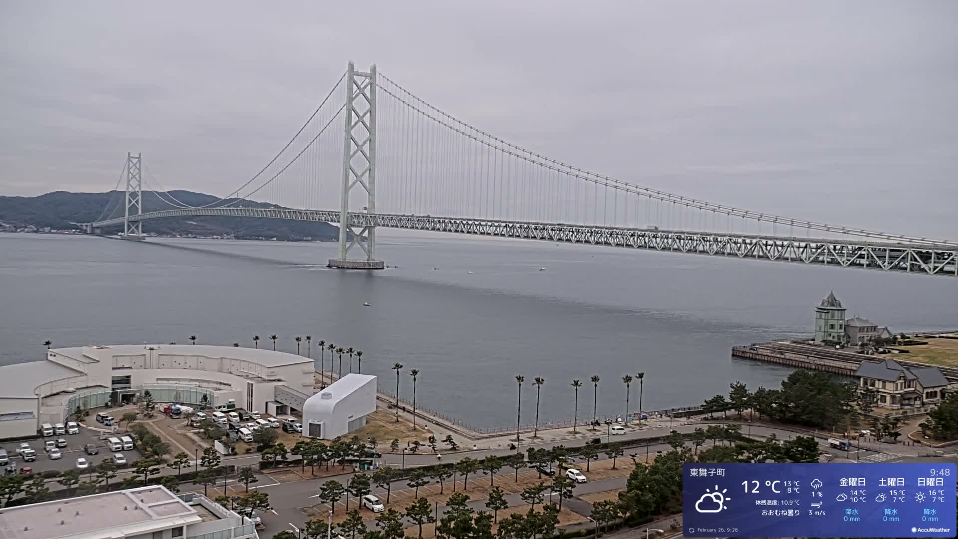 Kobe, Akashi Kaikyo Bridge with Akashi Strait & Seto Inland Sea View ( 神戸、明石海峡と瀬戸内海を望む明石海峡大橋 )Live Cam - 7 Chome, Higashimaikocho, Tarimu-ku, Kobe, Hyogo, Kansai, Japan
