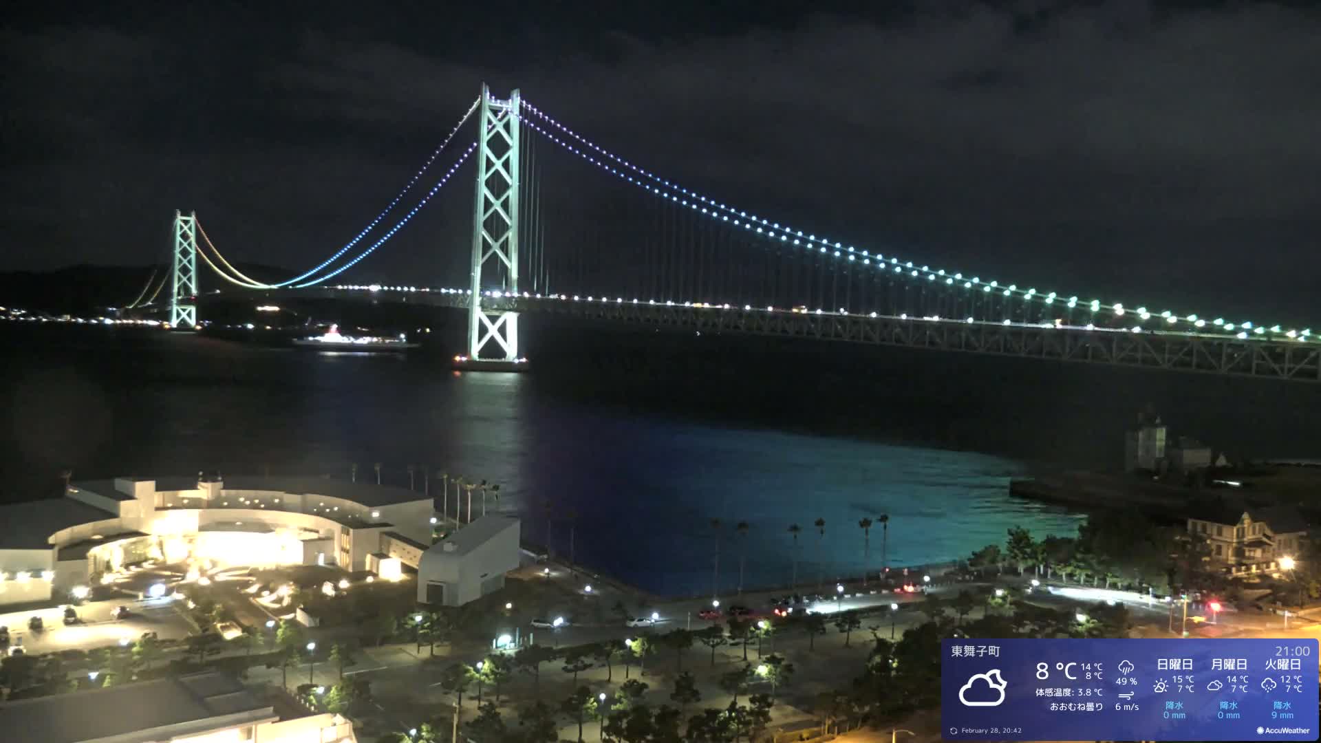 Kobe, Akashi Kaikyo Bridge with Akashi Strait & Seto Inland Sea View ( 神戸、明石海峡と瀬戸内海を望む明石海峡大橋 )Live Cam - 7 Chome, Higashimaikocho, Tarimu-ku, Kobe, Hyogo, Kansai, Japan