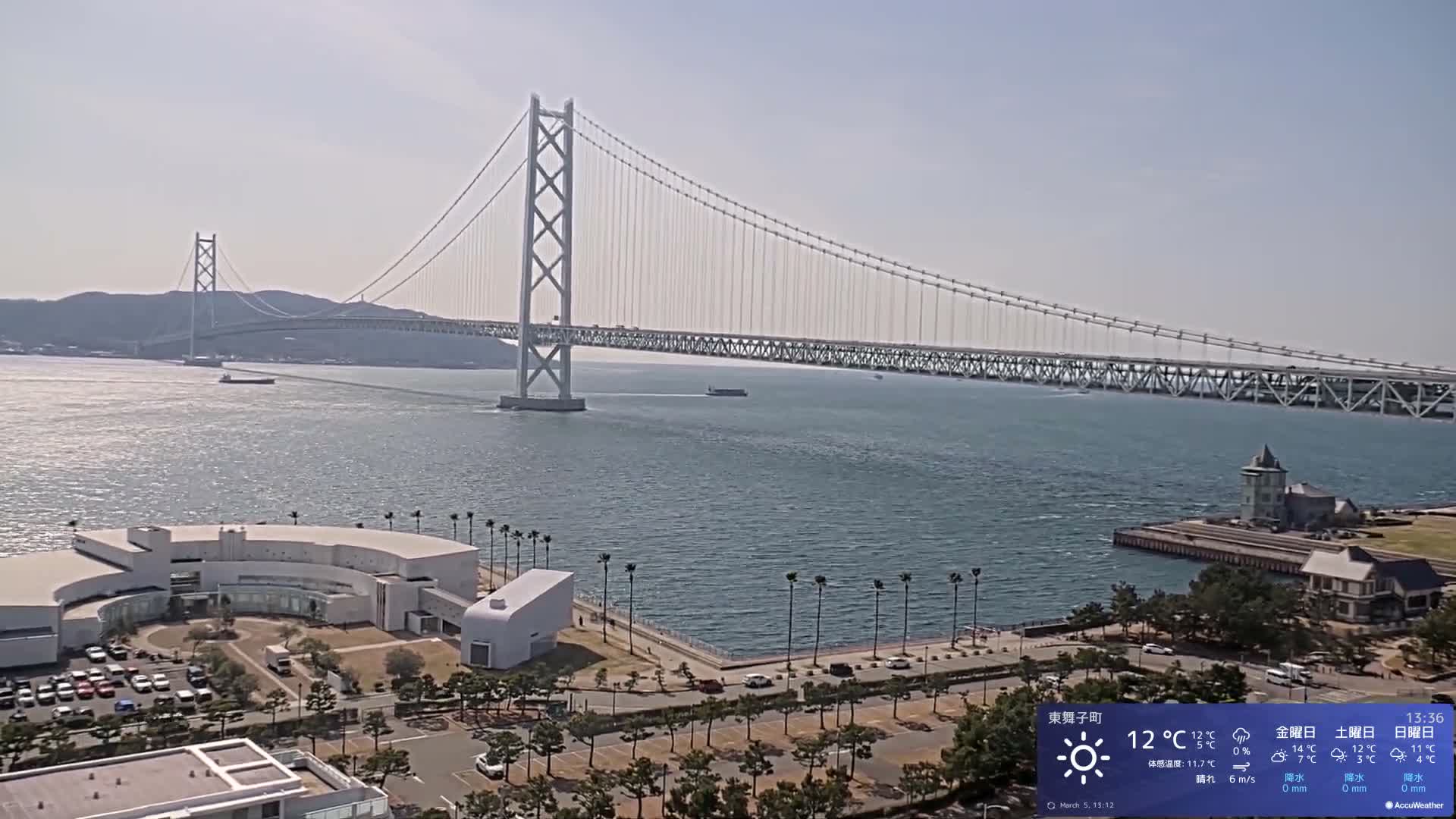 Kobe, Akashi Kaikyo Bridge with Akashi Strait & Seto Inland Sea View ( 神戸、明石海峡と瀬戸内海を望む明石海峡大橋 )Live Cam - 7 Chome, Higashimaikocho, Tarimu-ku, Kobe, Hyogo, Kansai, Japan