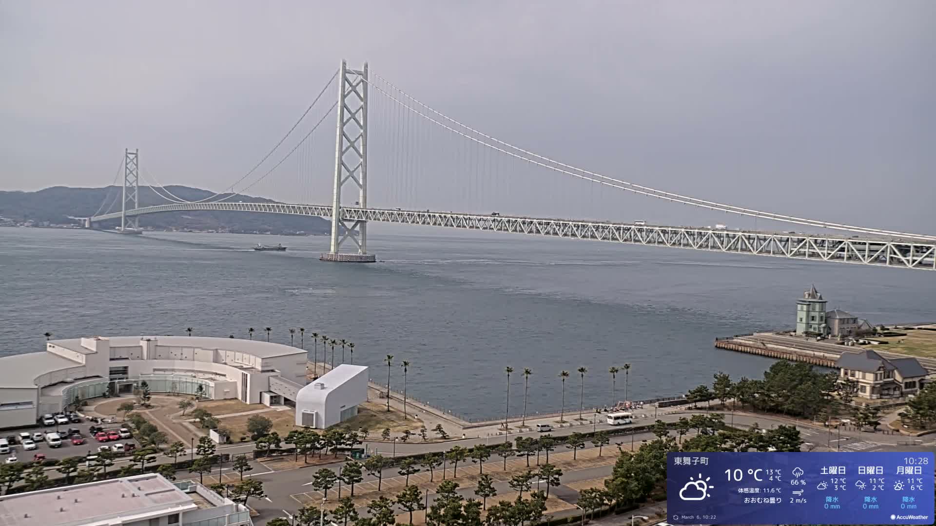 Kobe, Akashi Kaikyo Bridge with Akashi Strait & Seto Inland Sea View ( 神戸、明石海峡と瀬戸内海を望む明石海峡大橋 )Live Cam - 7 Chome, Higashimaikocho, Tarimu-ku, Kobe, Hyogo, Kansai, Japan