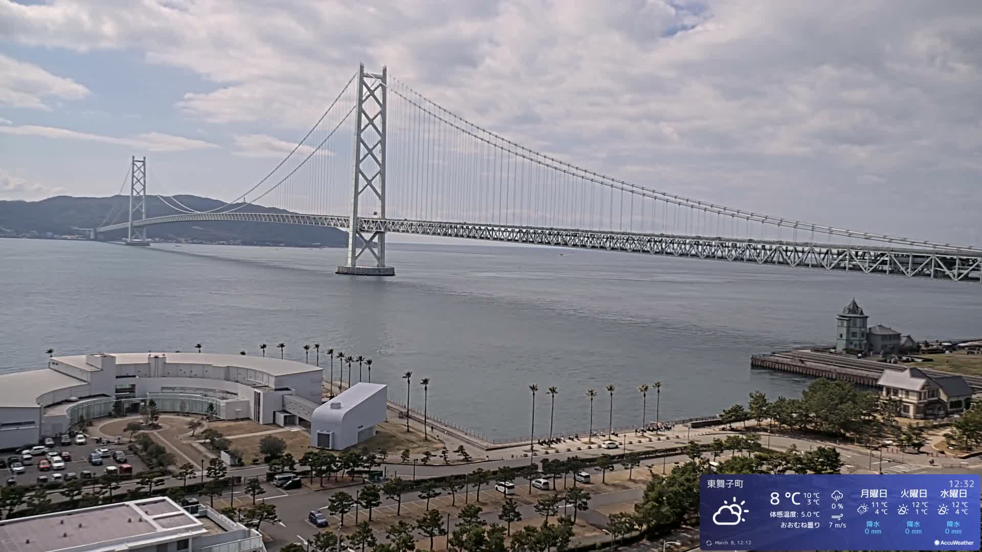 Kobe, Akashi Kaikyo Bridge with Akashi Strait & Seto Inland Sea View ( 神戸、明石海峡と瀬戸内海を望む明石海峡大橋 )Live Cam - 7 Chome, Higashimaikocho, Tarimu-ku, Kobe, Hyogo, Kansai, Japan
