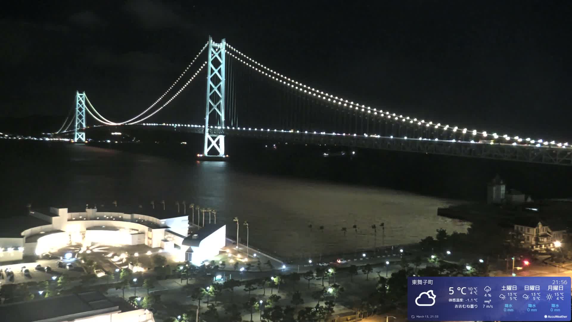 Kobe, Akashi Kaikyo Bridge with Akashi Strait & Seto Inland Sea View ( 神戸、明石海峡と瀬戸内海を望む明石海峡大橋 )Live Cam - 7 Chome, Higashimaikocho, Tarimu-ku, Kobe, Hyogo, Kansai, Japan