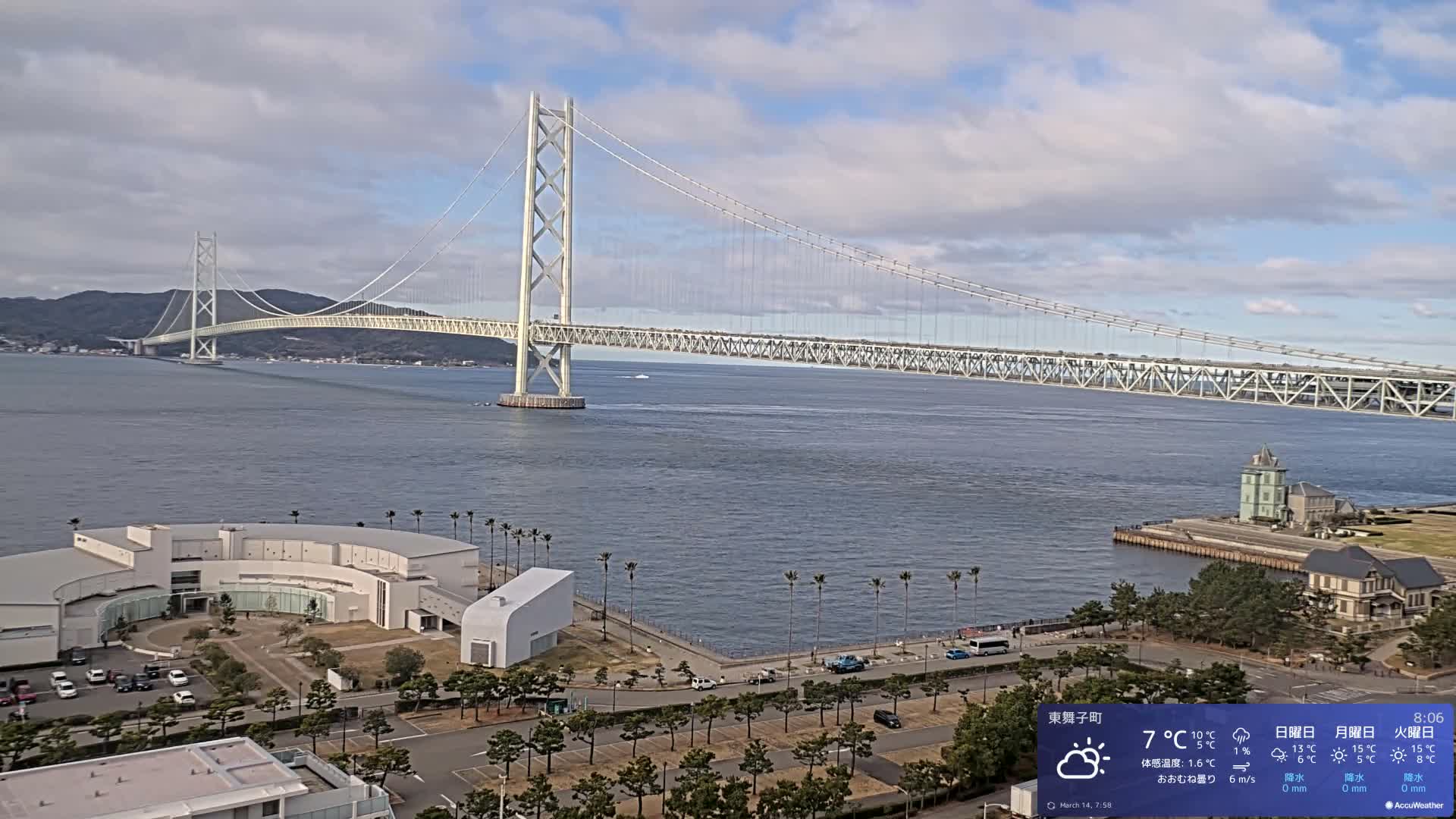 Kobe, Akashi Kaikyo Bridge with Akashi Strait & Seto Inland Sea View ( 神戸、明石海峡と瀬戸内海を望む明石海峡大橋 )Live Cam - 7 Chome, Higashimaikocho, Tarimu-ku, Kobe, Hyogo, Kansai, Japan