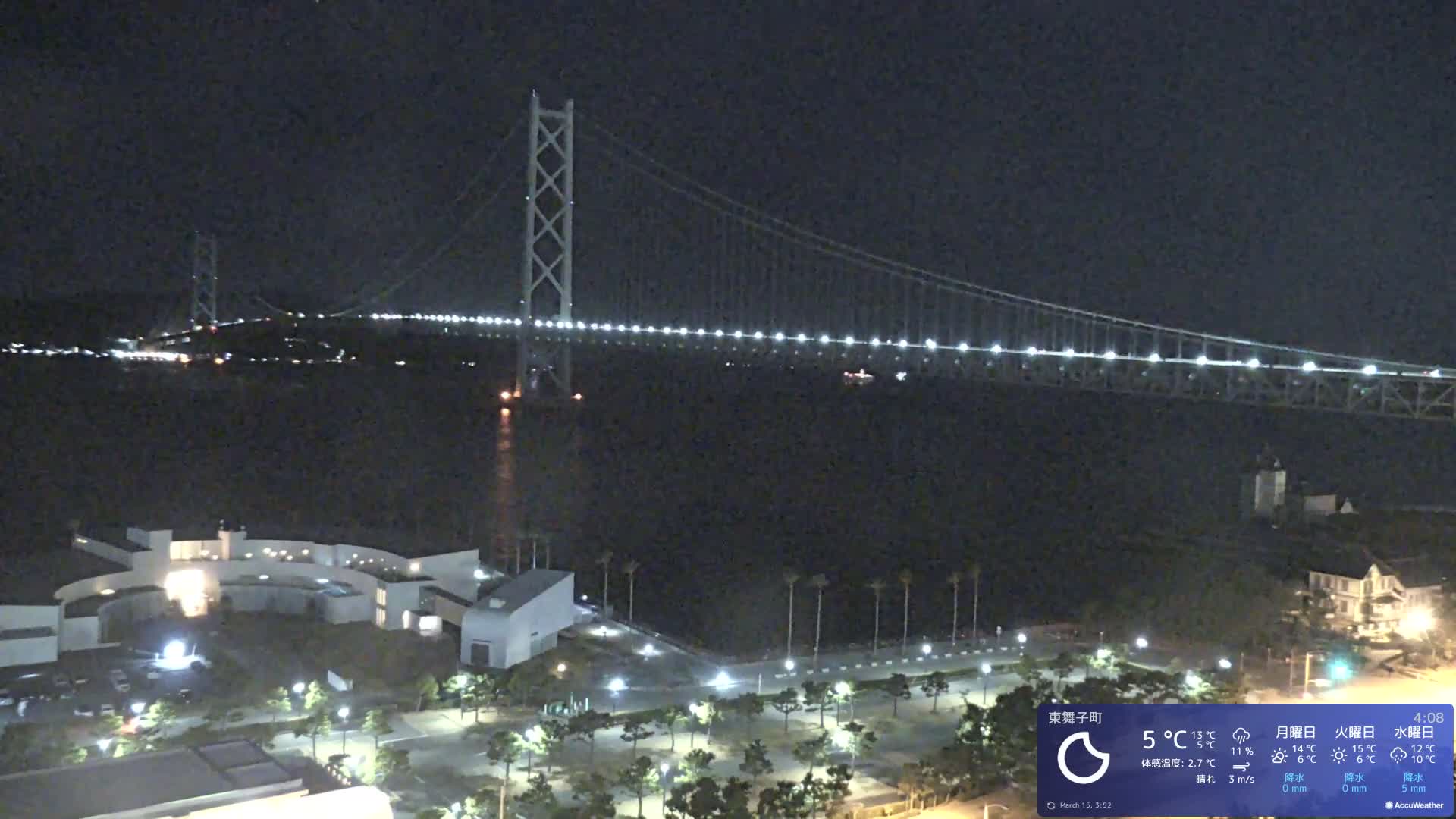 Kobe, Akashi Kaikyo Bridge with Akashi Strait & Seto Inland Sea View ( 神戸、明石海峡と瀬戸内海を望む明石海峡大橋 )Live Cam - 7 Chome, Higashimaikocho, Tarimu-ku, Kobe, Hyogo, Kansai, Japan