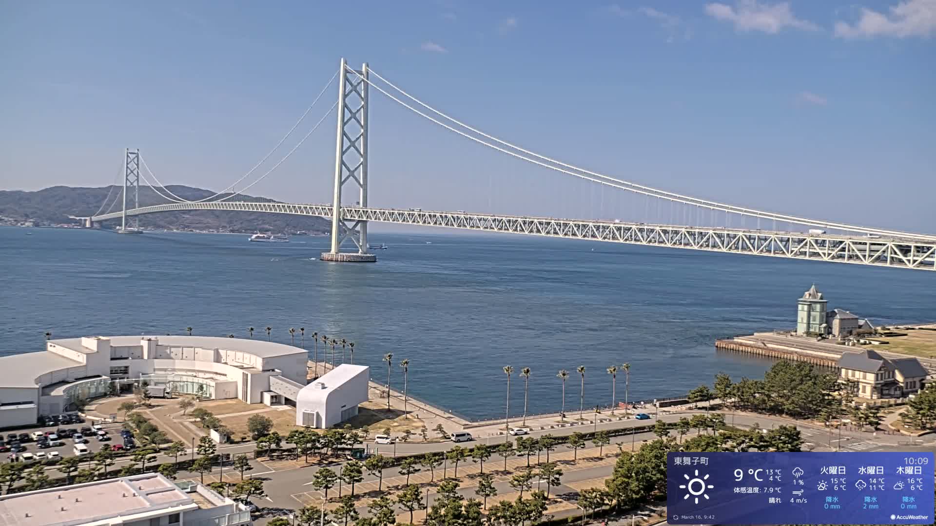 Kobe, Akashi Kaikyo Bridge with Akashi Strait & Seto Inland Sea View ( 神戸、明石海峡と瀬戸内海を望む明石海峡大橋 )Live Cam - 7 Chome, Higashimaikocho, Tarimu-ku, Kobe, Hyogo, Kansai, Japan