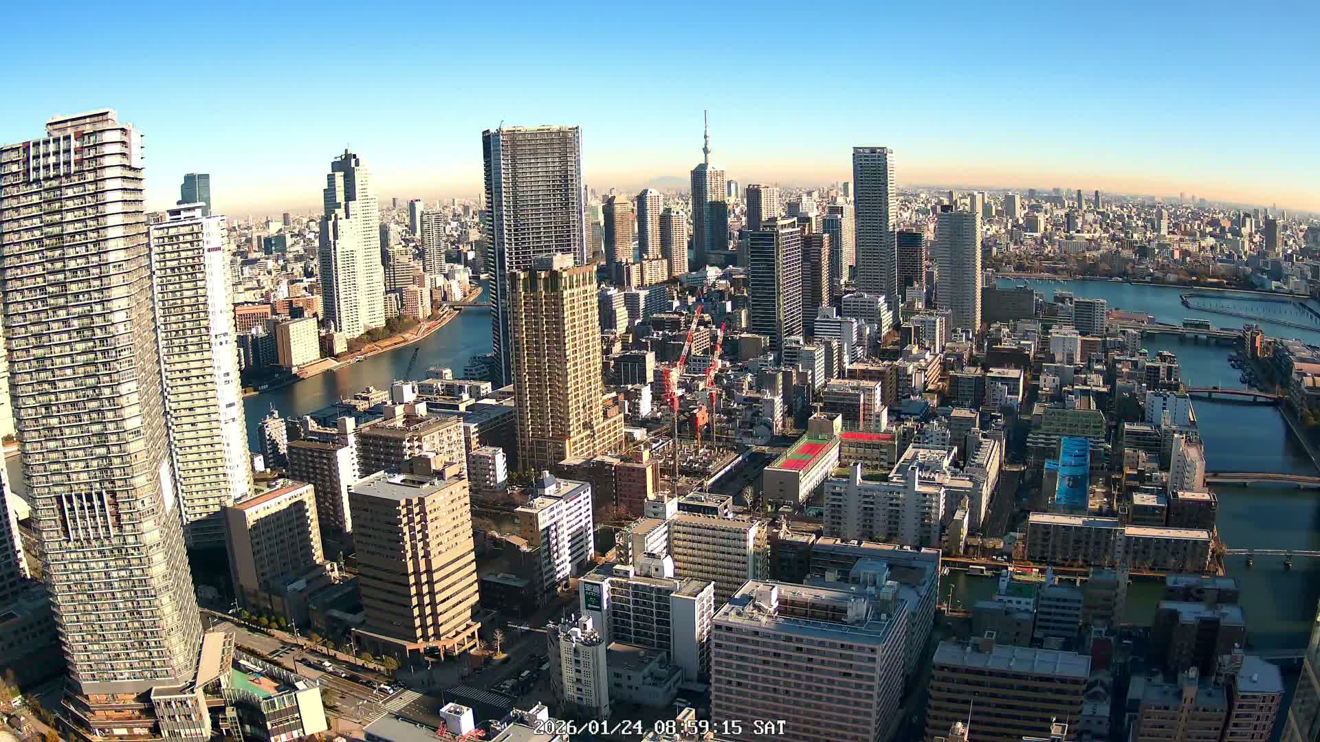 Tokyo, Kachidoki, Sumida River & Tokyo Downtown Skyline towards North View from Kachidoki ( 東京、勝どき、隅田川、北に向かう東京の下町のスカイライン 勝どきからの眺め )Live Cam - 4 Chome, Kachidoki, Chuo ku, Tokyo, Kantō, Honshu, Japan