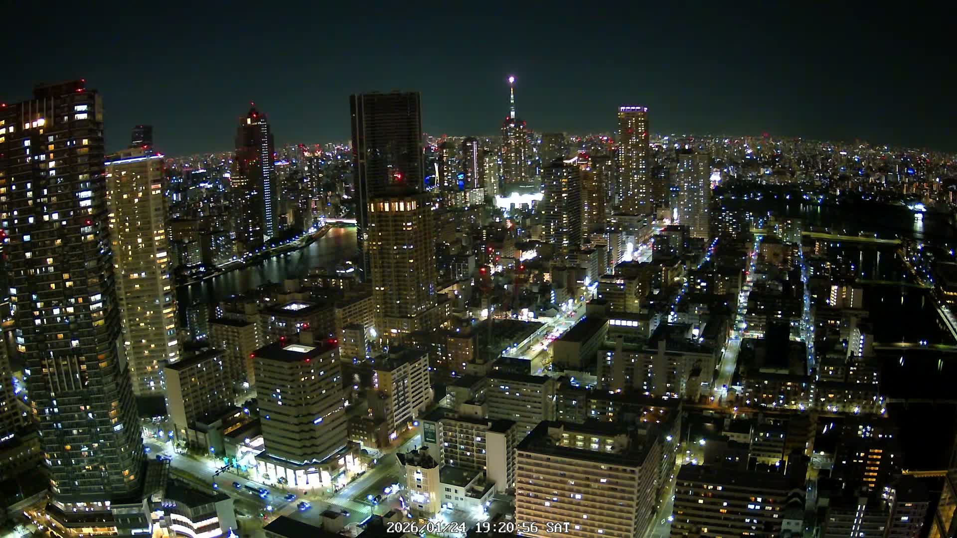 Tokyo, Kachidoki, Sumida River & Tokyo Downtown Skyline towards North View from Kachidoki ( 東京、勝どき、隅田川、北に向かう東京の下町のスカイライン 勝どきからの眺め )Live Cam - 4 Chome, Kachidoki, Chuo ku, Tokyo, Kantō, Honshu, Japan