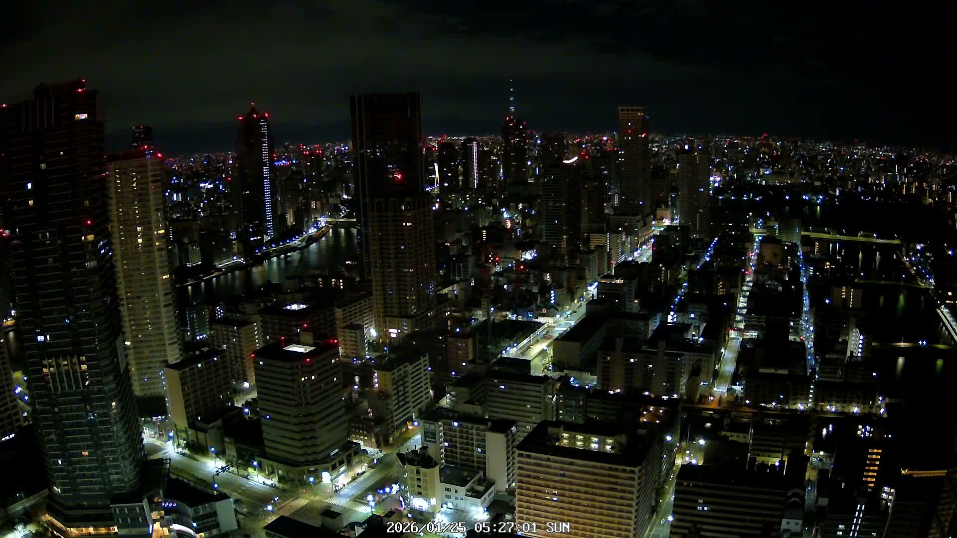 Tokyo, Kachidoki, Sumida River & Tokyo Downtown Skyline towards North View from Kachidoki ( 東京、勝どき、隅田川、北に向かう東京の下町のスカイライン 勝どきからの眺め )Live Cam - 4 Chome, Kachidoki, Chuo ku, Tokyo, Kantō, Honshu, Japan