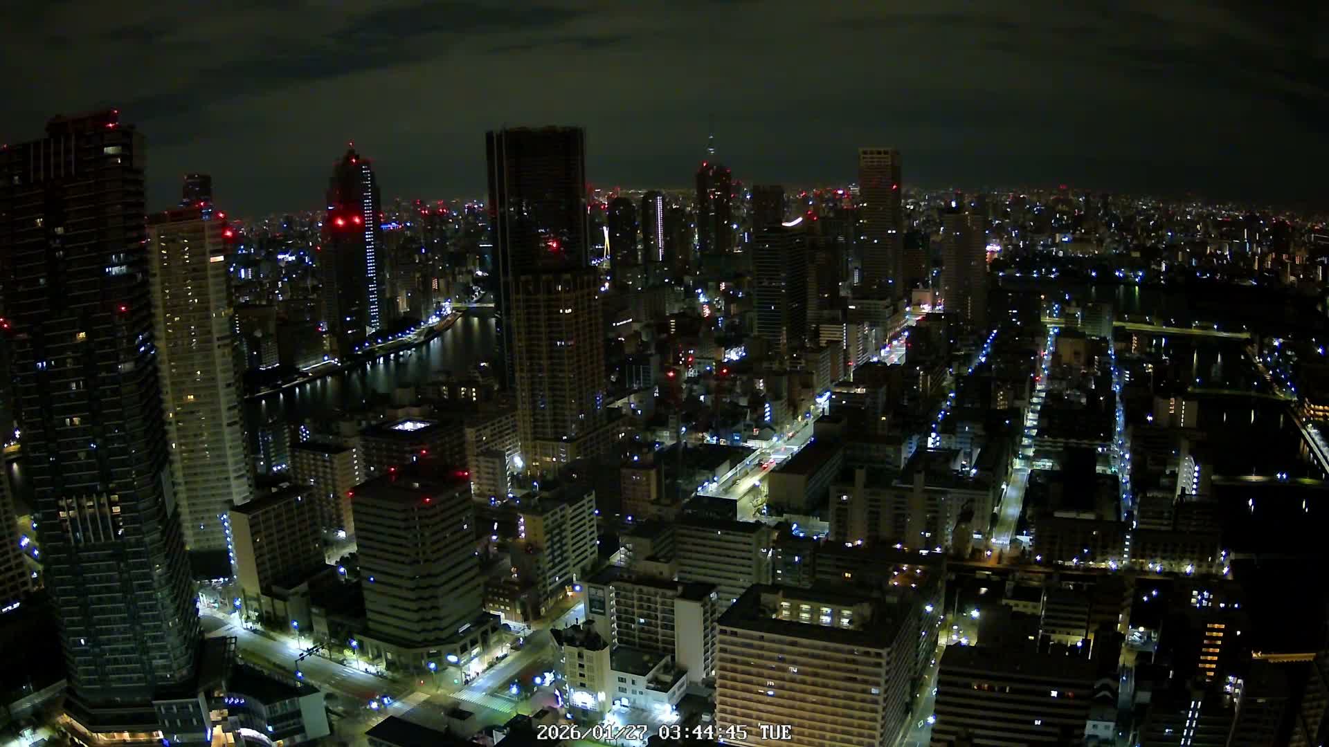 Tokyo, Kachidoki, Sumida River & Tokyo Downtown Skyline towards North View from Kachidoki ( 東京、勝どき、隅田川、北に向かう東京の下町のスカイライン 勝どきからの眺め )Live Cam - 4 Chome, Kachidoki, Chuo ku, Tokyo, Kantō, Honshu, Japan