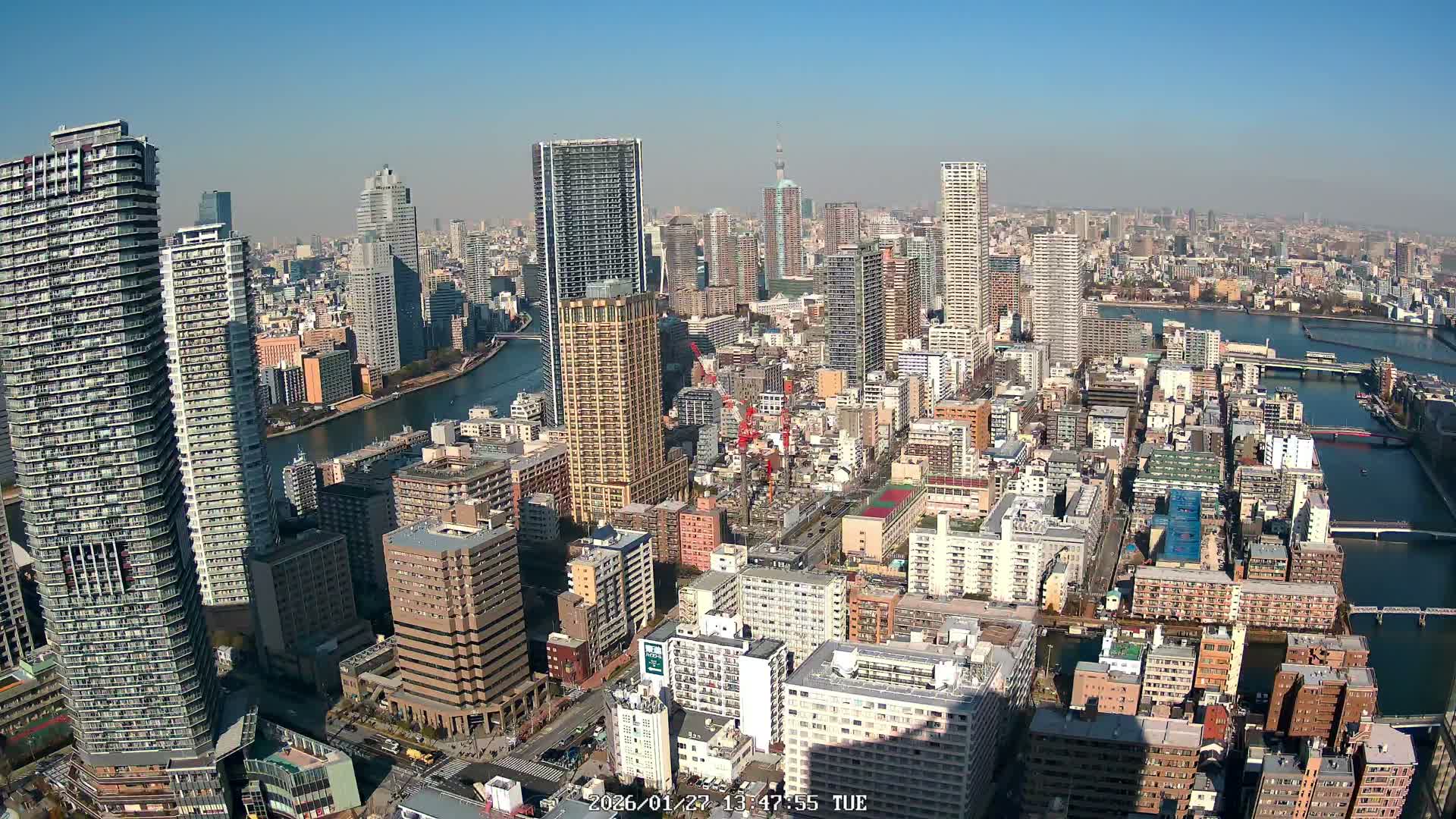 Tokyo, Kachidoki, Sumida River & Tokyo Downtown Skyline towards North View from Kachidoki ( 東京、勝どき、隅田川、北に向かう東京の下町のスカイライン 勝どきからの眺め )Live Cam - 4 Chome, Kachidoki, Chuo ku, Tokyo, Kantō, Honshu, Japan