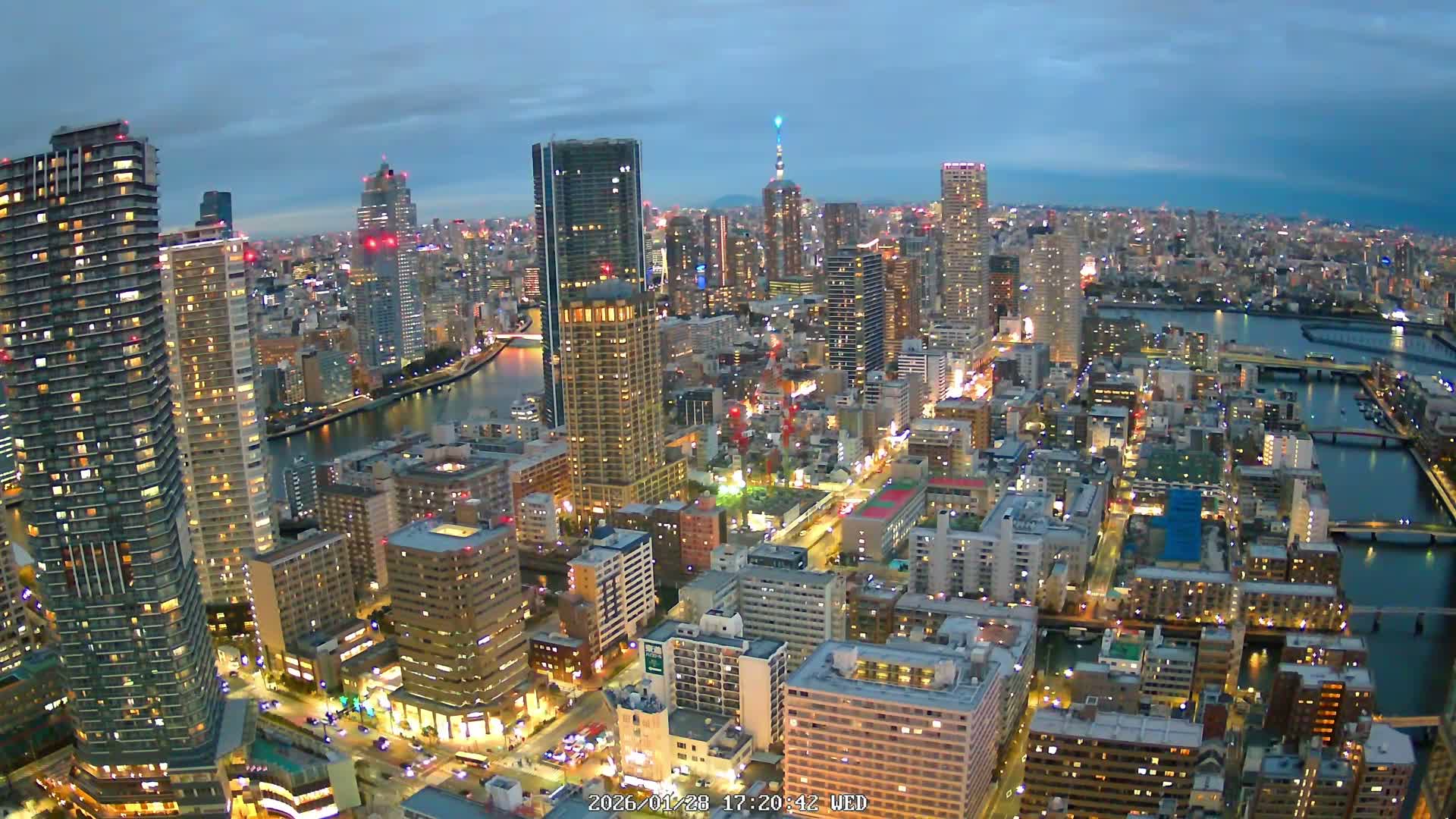 Tokyo, Kachidoki, Sumida River & Tokyo Downtown Skyline towards North View from Kachidoki ( 東京、勝どき、隅田川、北に向かう東京の下町のスカイライン 勝どきからの眺め )Live Cam - 4 Chome, Kachidoki, Chuo ku, Tokyo, Kantō, Honshu, Japan