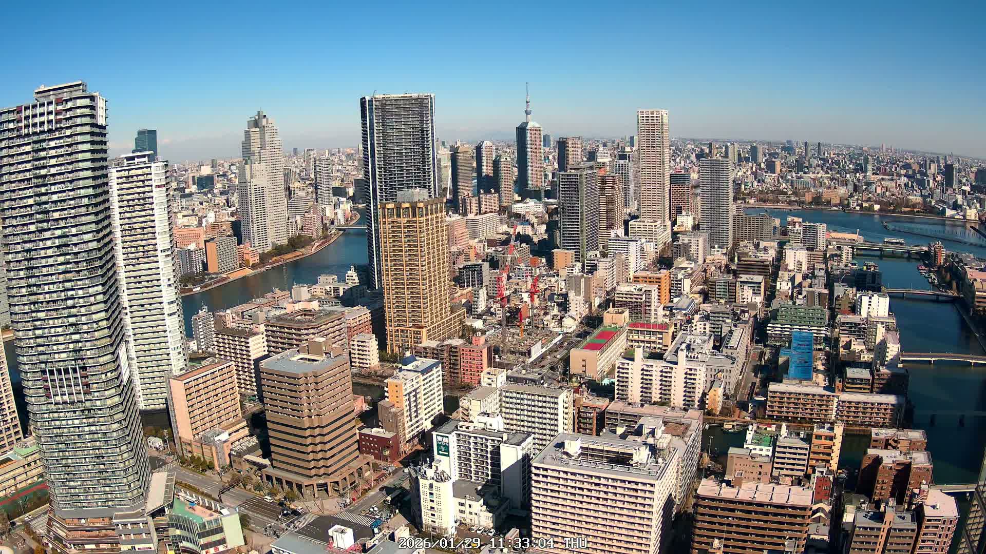 Tokyo, Kachidoki, Sumida River & Tokyo Downtown Skyline towards North View from Kachidoki ( 東京、勝どき、隅田川、北に向かう東京の下町のスカイライン 勝どきからの眺め )Live Cam - 4 Chome, Kachidoki, Chuo ku, Tokyo, Kantō, Honshu, Japan