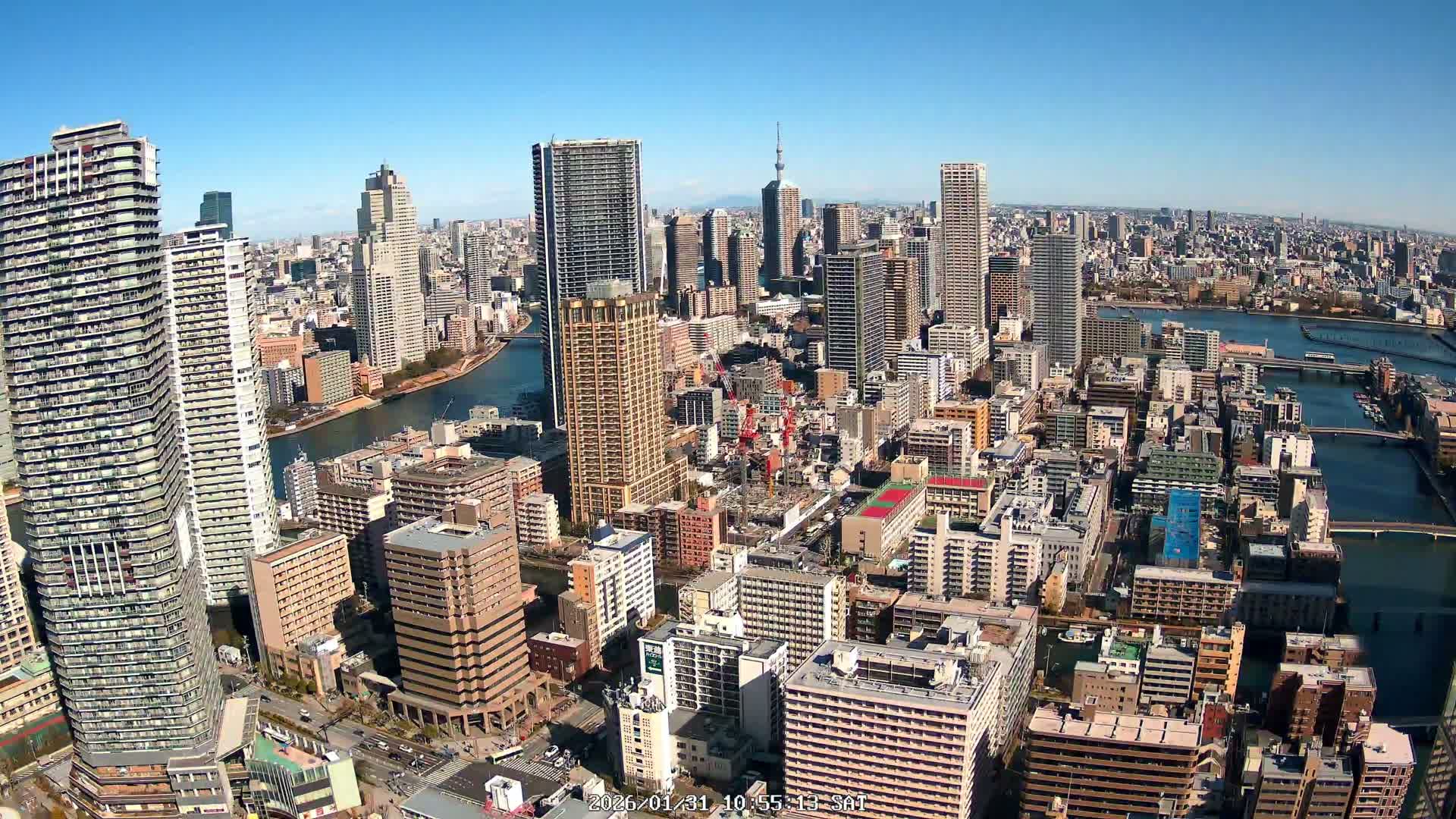 Tokyo, Kachidoki, Sumida River & Tokyo Downtown Skyline towards North View from Kachidoki ( 東京、勝どき、隅田川、北に向かう東京の下町のスカイライン 勝どきからの眺め )Live Cam - 4 Chome, Kachidoki, Chuo ku, Tokyo, Kantō, Honshu, Japan