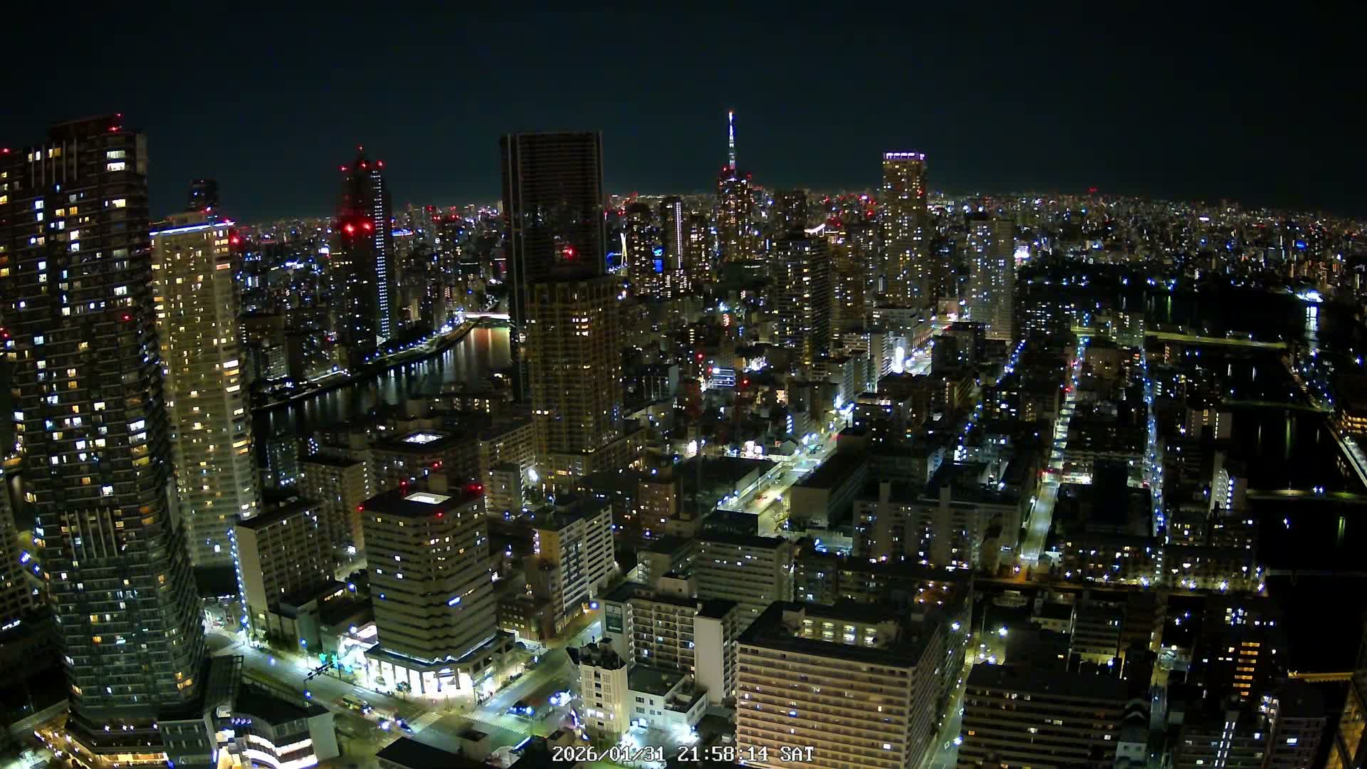 Tokyo, Kachidoki, Sumida River & Tokyo Downtown Skyline towards North View from Kachidoki ( 東京、勝どき、隅田川、北に向かう東京の下町のスカイライン 勝どきからの眺め )Live Cam - 4 Chome, Kachidoki, Chuo ku, Tokyo, Kantō, Honshu, Japan
