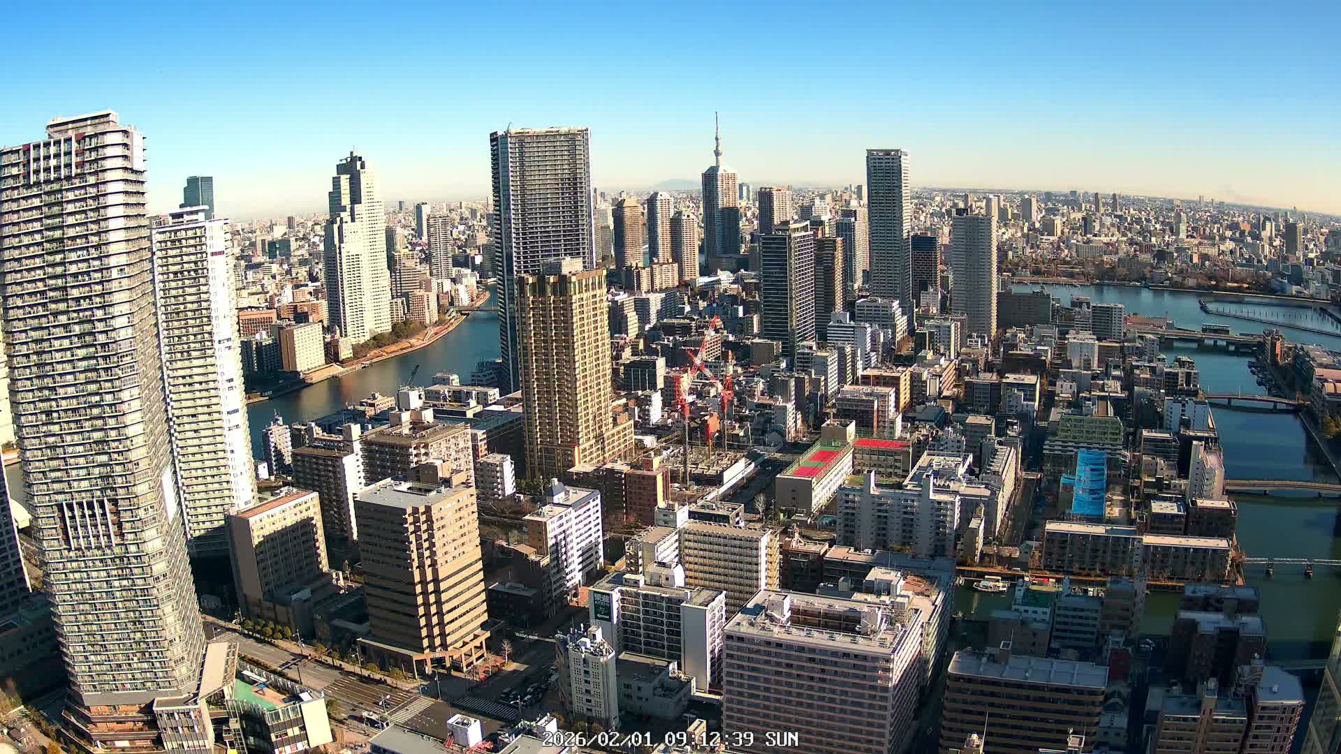 Tokyo, Kachidoki, Sumida River & Tokyo Downtown Skyline towards North View from Kachidoki ( 東京、勝どき、隅田川、北に向かう東京の下町のスカイライン 勝どきからの眺め )Live Cam - 4 Chome, Kachidoki, Chuo ku, Tokyo, Kantō, Honshu, Japan