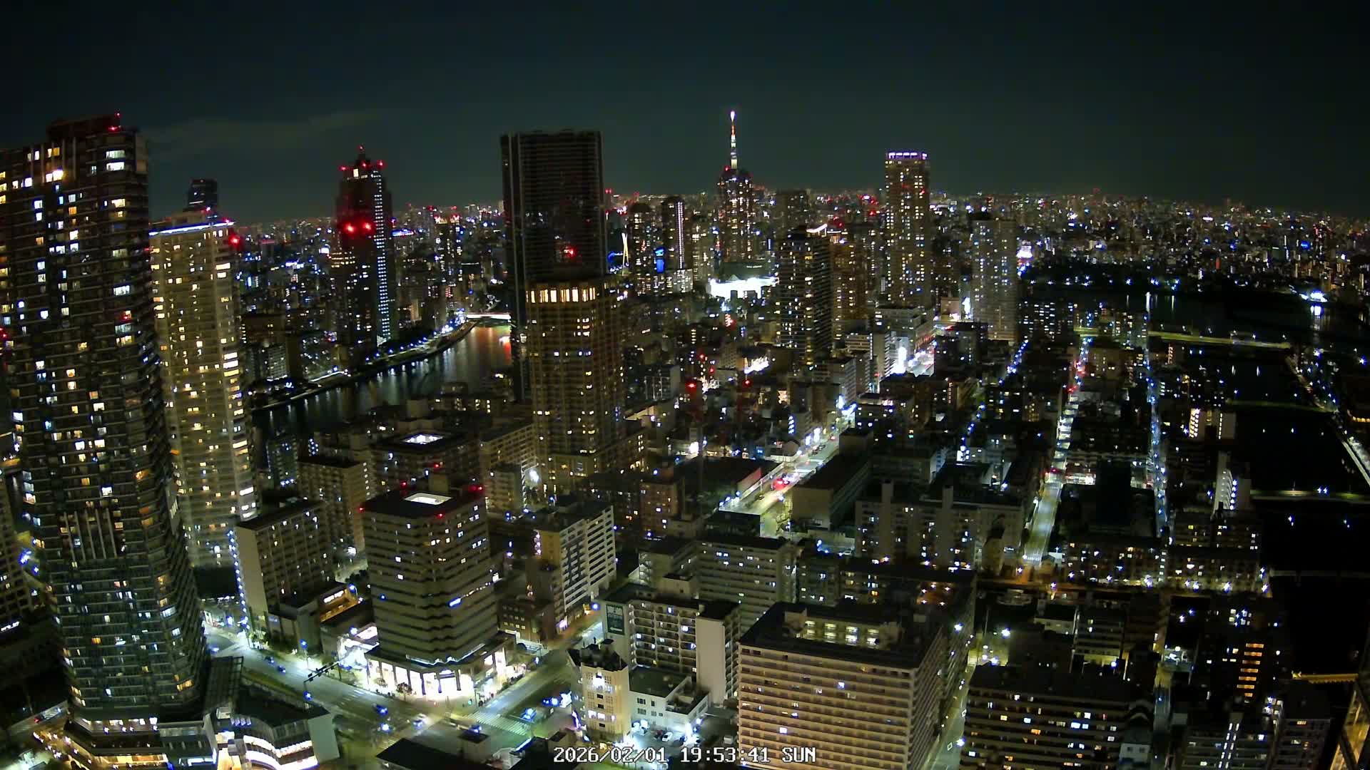 Tokyo, Kachidoki, Sumida River & Tokyo Downtown Skyline towards North View from Kachidoki ( 東京、勝どき、隅田川、北に向かう東京の下町のスカイライン 勝どきからの眺め )Live Cam - 4 Chome, Kachidoki, Chuo ku, Tokyo, Kantō, Honshu, Japan