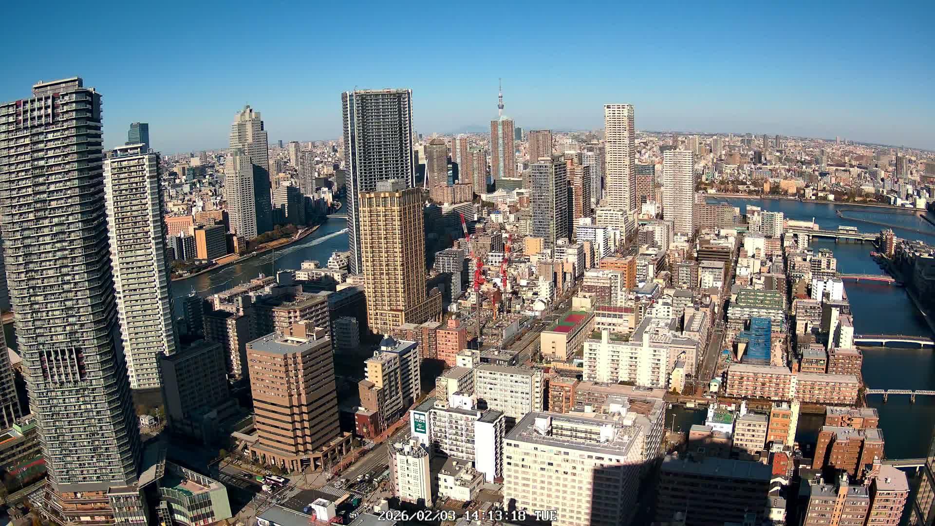 Tokyo, Kachidoki, Sumida River & Tokyo Downtown Skyline towards North View from Kachidoki ( 東京、勝どき、隅田川、北に向かう東京の下町のスカイライン 勝どきからの眺め )Live Cam - 4 Chome, Kachidoki, Chuo ku, Tokyo, Kantō, Honshu, Japan