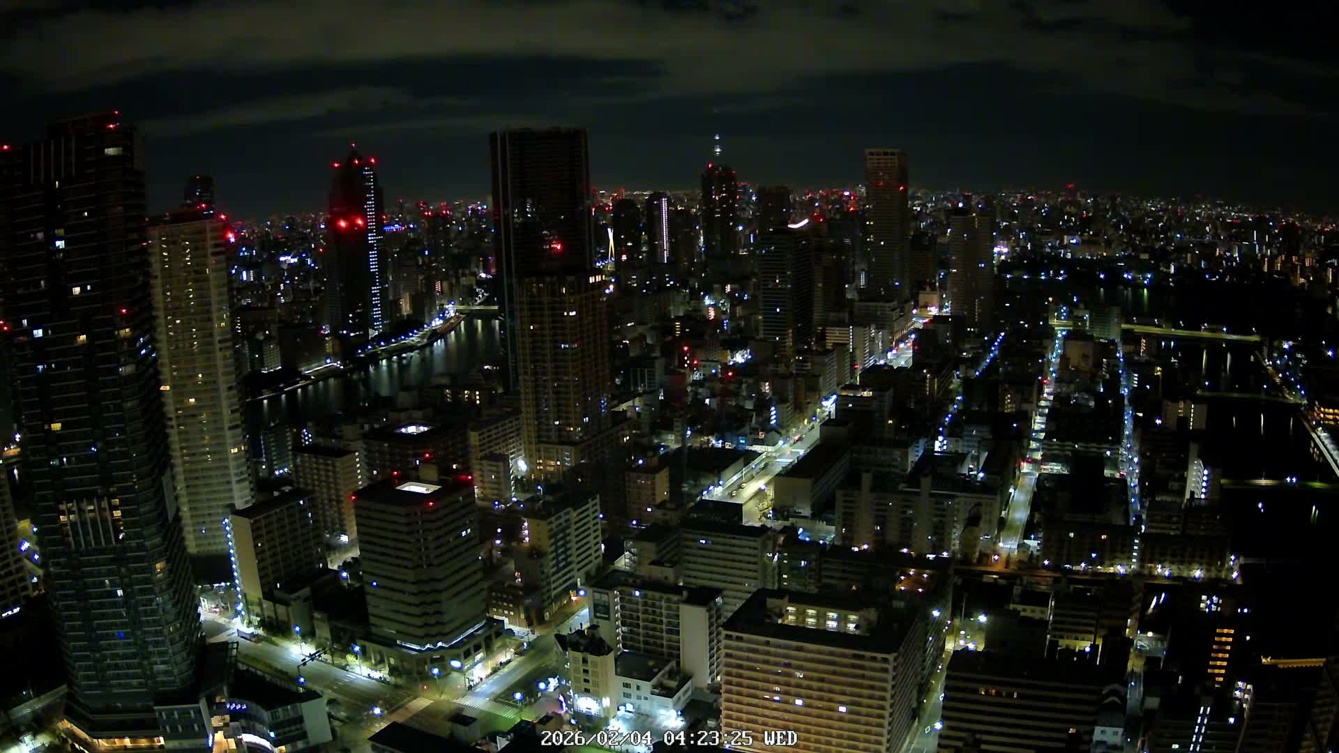 Tokyo, Kachidoki, Sumida River & Tokyo Downtown Skyline towards North View from Kachidoki ( 東京、勝どき、隅田川、北に向かう東京の下町のスカイライン 勝どきからの眺め )Live Cam - 4 Chome, Kachidoki, Chuo ku, Tokyo, Kantō, Honshu, Japan
