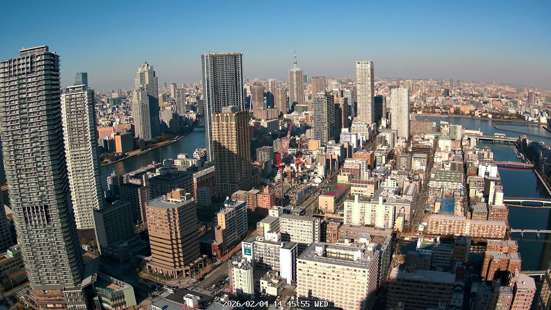 Tokyo, Kachidoki, Sumida River & Tokyo Downtown Skyline towards North View from Kachidoki ( 東京、勝どき、隅田川、北に向かう東京の下町のスカイライン 勝どきからの眺め )Live Cam - 4 Chome, Kachidoki, Chuo ku, Tokyo, Kantō, Honshu, Japan