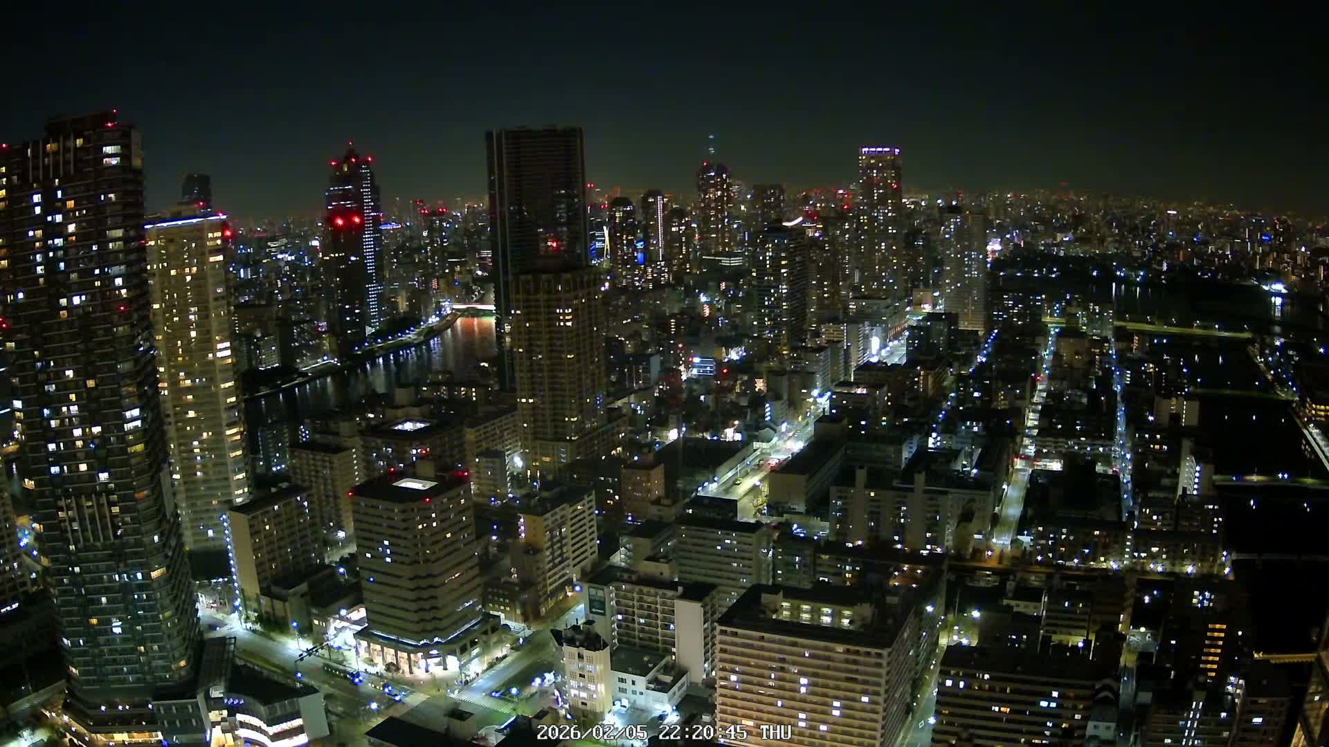 Tokyo, Kachidoki, Sumida River & Tokyo Downtown Skyline towards North View from Kachidoki ( 東京、勝どき、隅田川、北に向かう東京の下町のスカイライン 勝どきからの眺め )Live Cam - 4 Chome, Kachidoki, Chuo ku, Tokyo, Kantō, Honshu, Japan