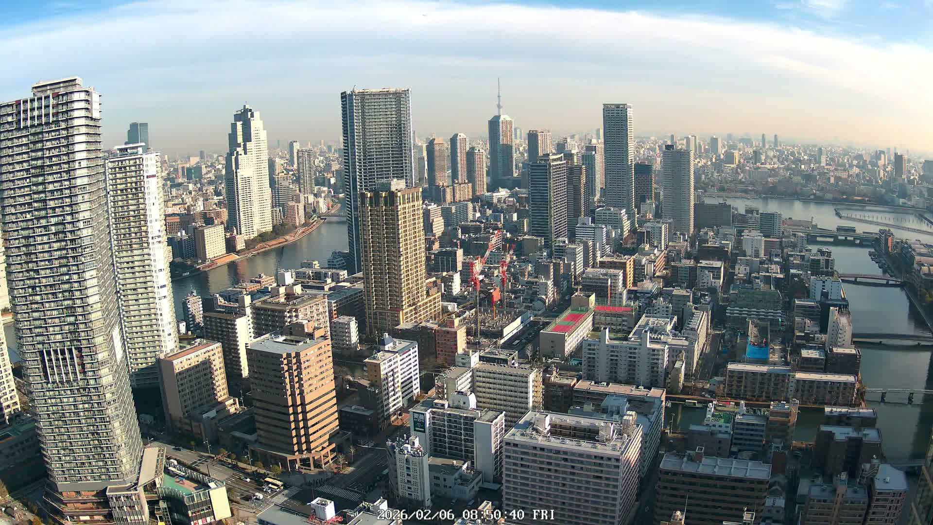 Tokyo, Kachidoki, Sumida River & Tokyo Downtown Skyline towards North View from Kachidoki ( 東京、勝どき、隅田川、北に向かう東京の下町のスカイライン 勝どきからの眺め )Live Cam - 4 Chome, Kachidoki, Chuo ku, Tokyo, Kantō, Honshu, Japan