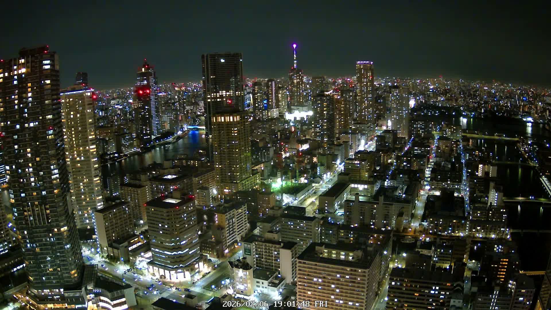 Tokyo, Kachidoki, Sumida River & Tokyo Downtown Skyline towards North View from Kachidoki ( 東京、勝どき、隅田川、北に向かう東京の下町のスカイライン 勝どきからの眺め )Live Cam - 4 Chome, Kachidoki, Chuo ku, Tokyo, Kantō, Honshu, Japan