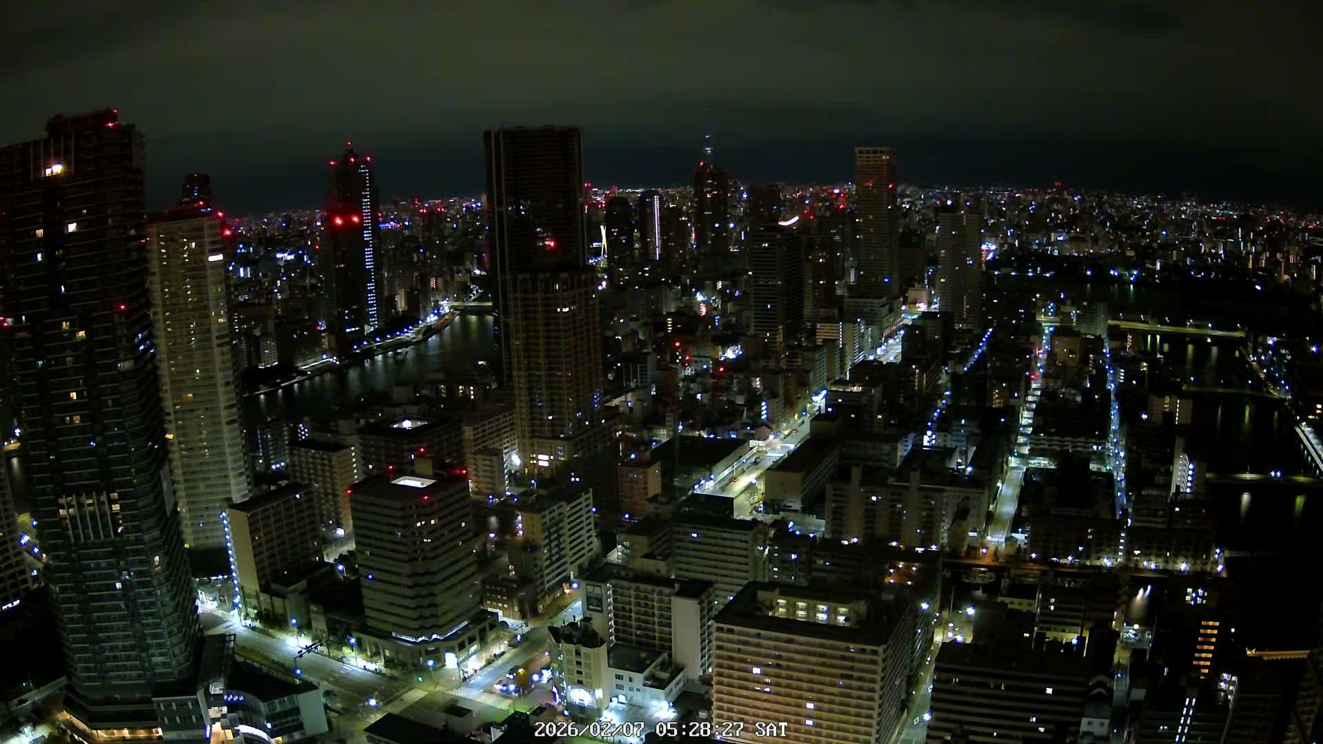 Tokyo, Kachidoki, Sumida River & Tokyo Downtown Skyline towards North View from Kachidoki ( 東京、勝どき、隅田川、北に向かう東京の下町のスカイライン 勝どきからの眺め )Live Cam - 4 Chome, Kachidoki, Chuo ku, Tokyo, Kantō, Honshu, Japan