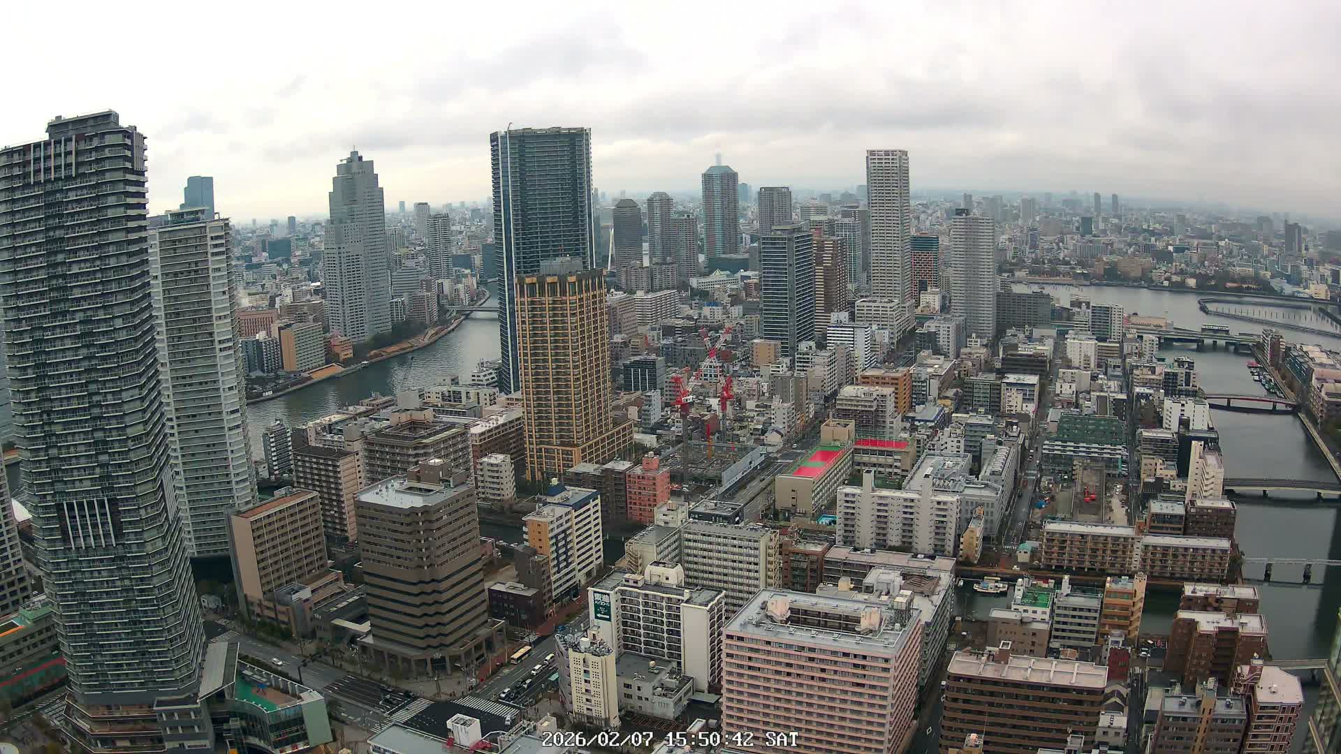 Tokyo, Kachidoki, Sumida River & Tokyo Downtown Skyline towards North View from Kachidoki ( 東京、勝どき、隅田川、北に向かう東京の下町のスカイライン 勝どきからの眺め )Live Cam - 4 Chome, Kachidoki, Chuo ku, Tokyo, Kantō, Honshu, Japan