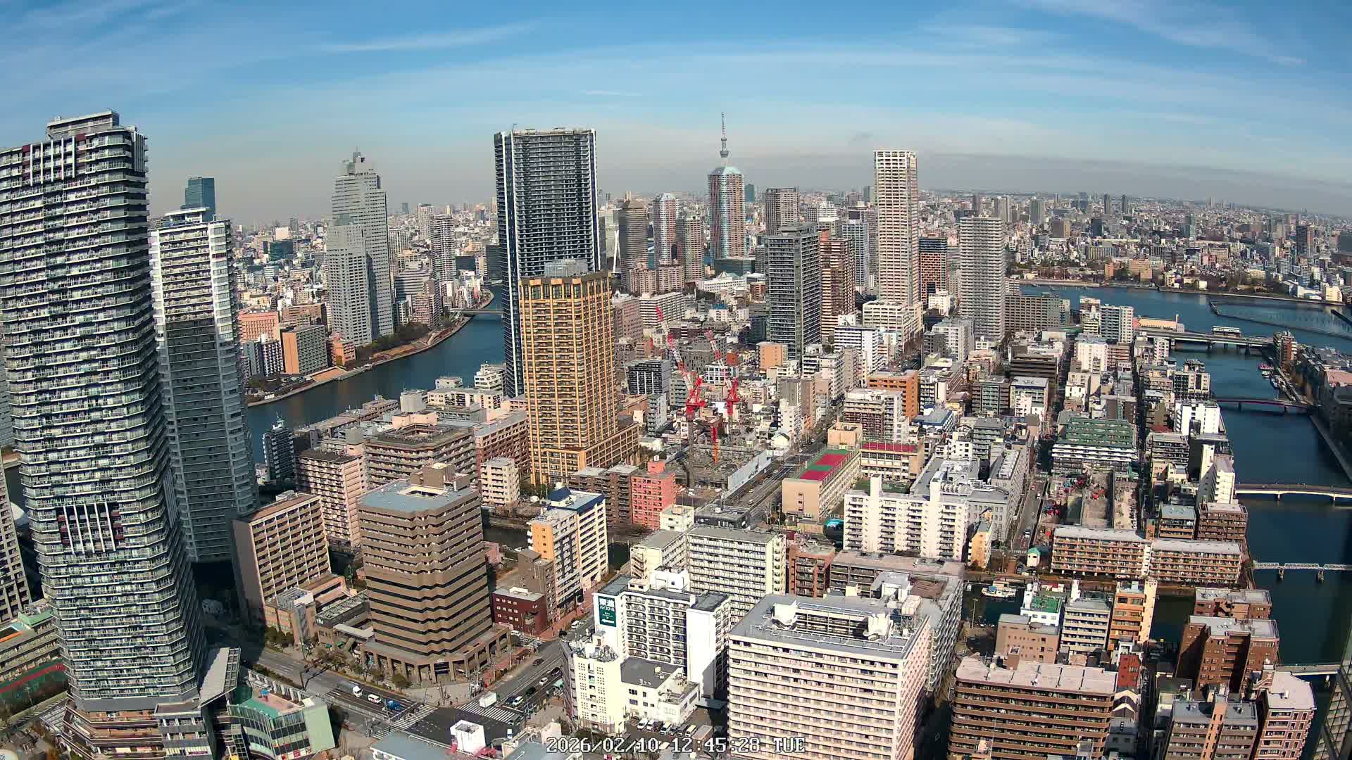 Tokyo, Kachidoki, Sumida River & Tokyo Downtown Skyline towards North View from Kachidoki ( 東京、勝どき、隅田川、北に向かう東京の下町のスカイライン 勝どきからの眺め )Live Cam - 4 Chome, Kachidoki, Chuo ku, Tokyo, Kantō, Honshu, Japan