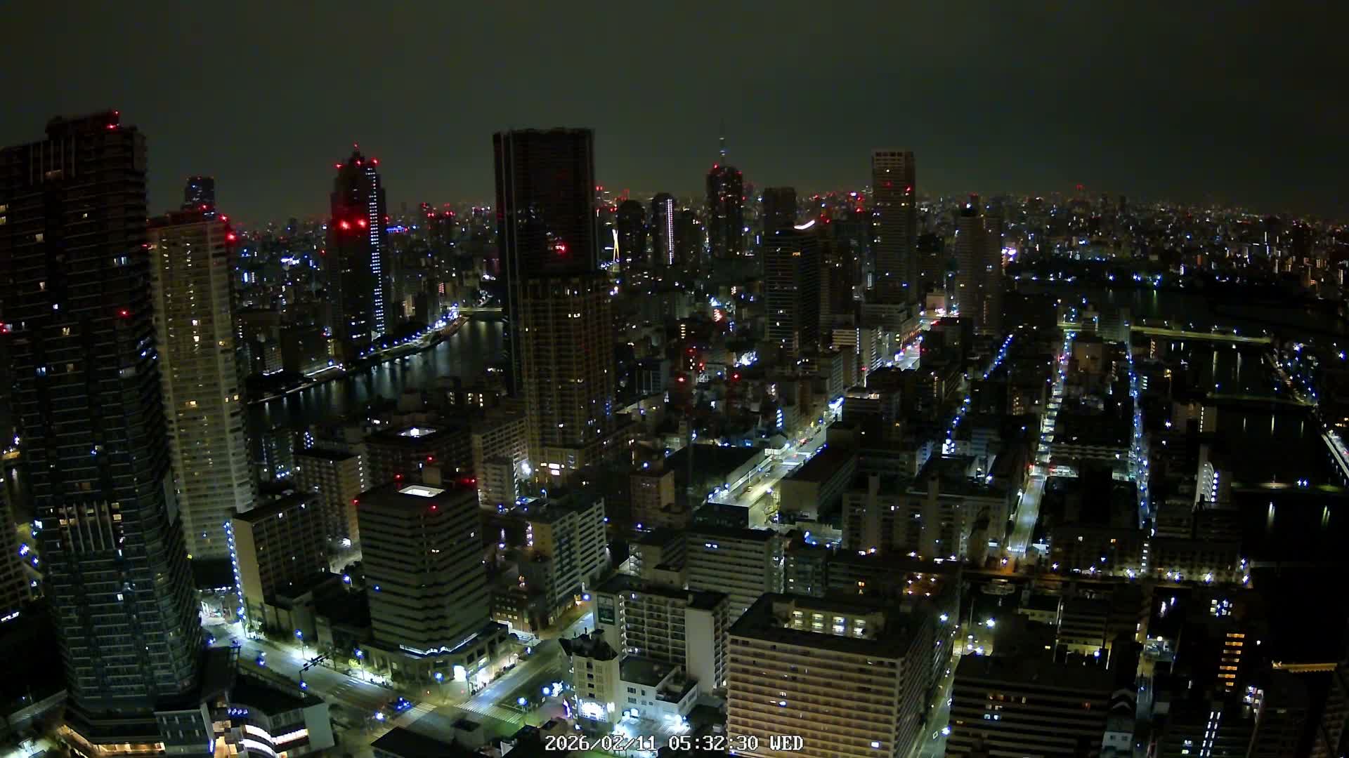 Tokyo, Kachidoki, Sumida River & Tokyo Downtown Skyline towards North View from Kachidoki ( 東京、勝どき、隅田川、北に向かう東京の下町のスカイライン 勝どきからの眺め )Live Cam - 4 Chome, Kachidoki, Chuo ku, Tokyo, Kantō, Honshu, Japan
