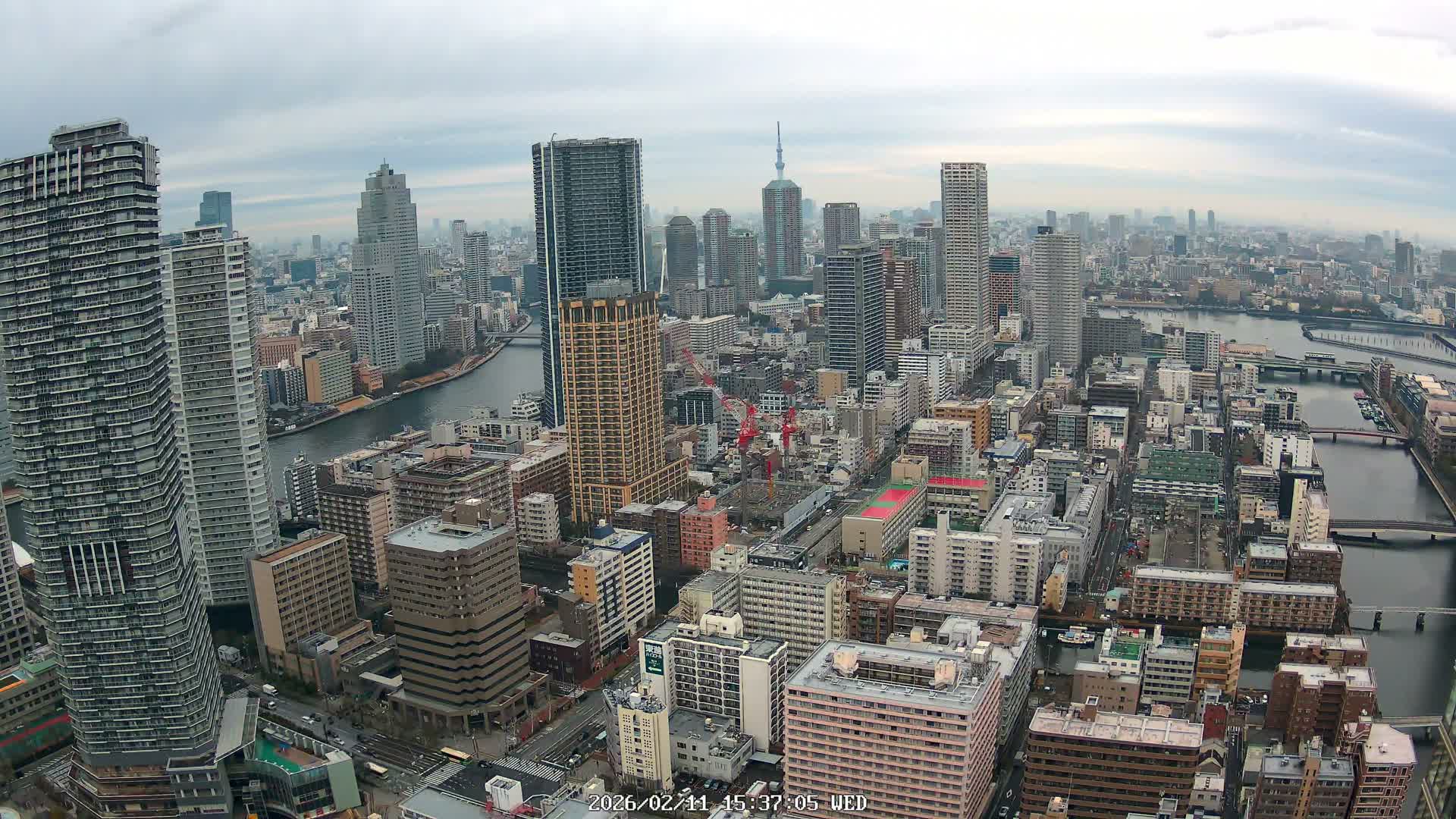 Tokyo, Kachidoki, Sumida River & Tokyo Downtown Skyline towards North View from Kachidoki ( 東京、勝どき、隅田川、北に向かう東京の下町のスカイライン 勝どきからの眺め )Live Cam - 4 Chome, Kachidoki, Chuo ku, Tokyo, Kantō, Honshu, Japan