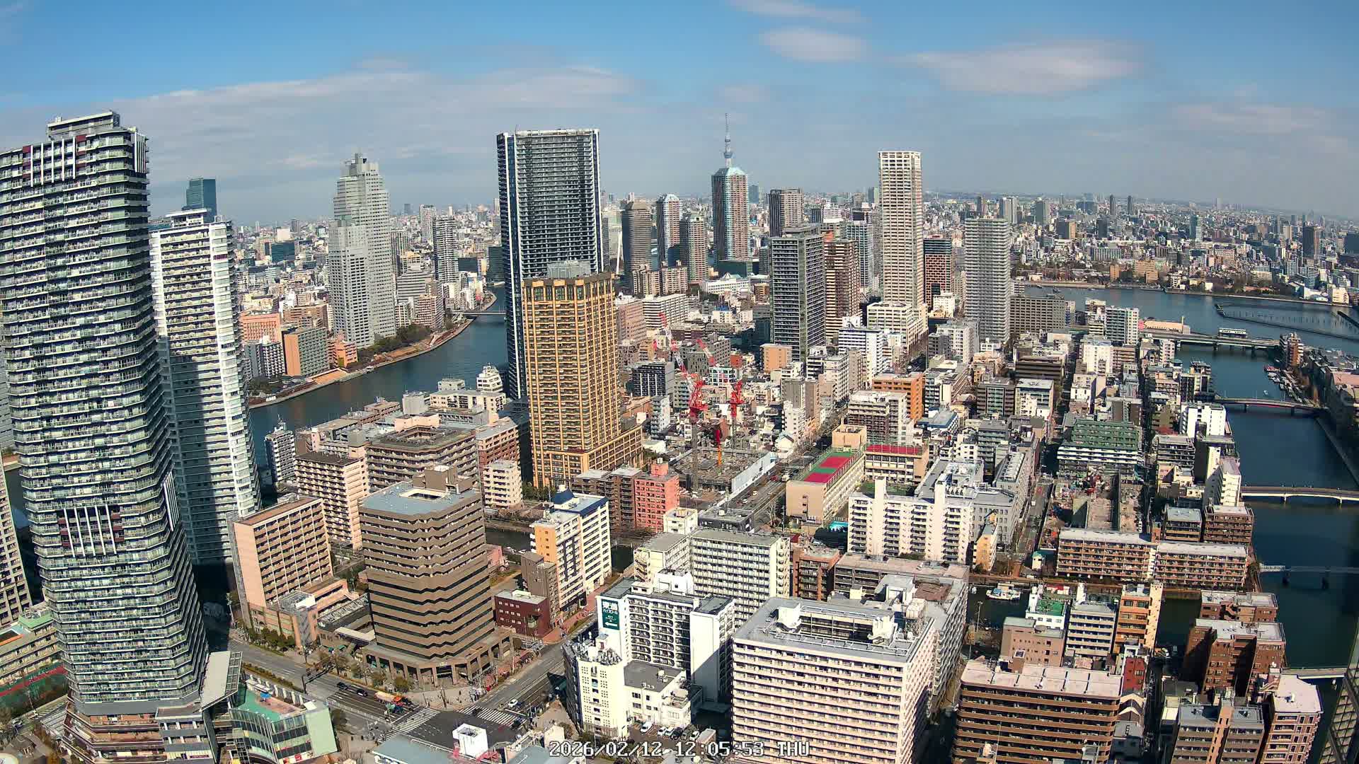 Tokyo, Kachidoki, Sumida River & Tokyo Downtown Skyline towards North View from Kachidoki ( 東京、勝どき、隅田川、北に向かう東京の下町のスカイライン 勝どきからの眺め )Live Cam - 4 Chome, Kachidoki, Chuo ku, Tokyo, Kantō, Honshu, Japan