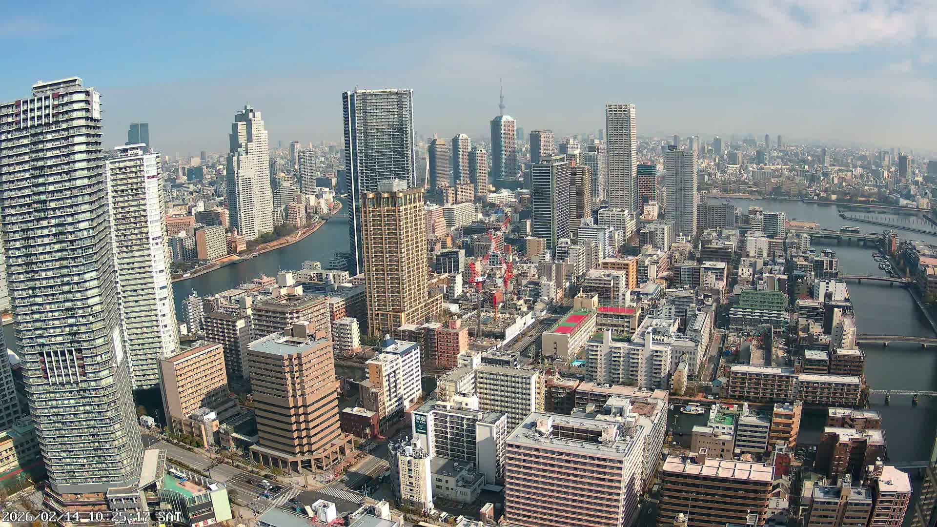 Tokyo, Kachidoki, Sumida River & Tokyo Downtown Skyline towards North View from Kachidoki ( 東京、勝どき、隅田川、北に向かう東京の下町のスカイライン 勝どきからの眺め )Live Cam - 4 Chome, Kachidoki, Chuo ku, Tokyo, Kantō, Honshu, Japan
