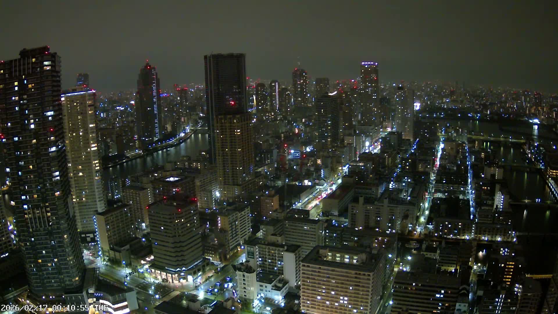 Tokyo, Kachidoki, Sumida River & Tokyo Downtown Skyline towards North View from Kachidoki ( 東京、勝どき、隅田川、北に向かう東京の下町のスカイライン 勝どきからの眺め )Live Cam - 4 Chome, Kachidoki, Chuo ku, Tokyo, Kantō, Honshu, Japan