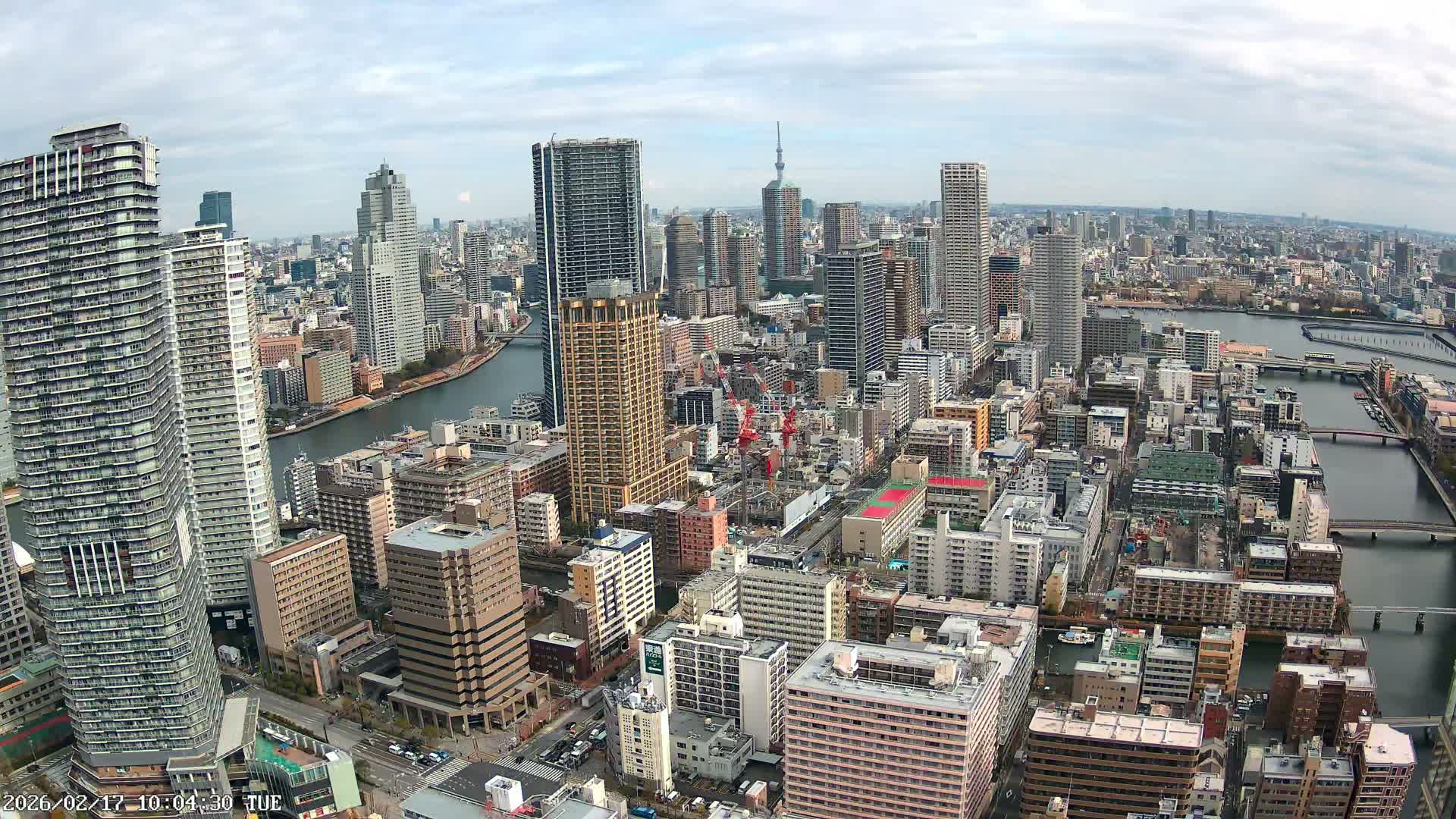 Tokyo, Kachidoki, Sumida River & Tokyo Downtown Skyline towards North View from Kachidoki ( 東京、勝どき、隅田川、北に向かう東京の下町のスカイライン 勝どきからの眺め )Live Cam - 4 Chome, Kachidoki, Chuo ku, Tokyo, Kantō, Honshu, Japan