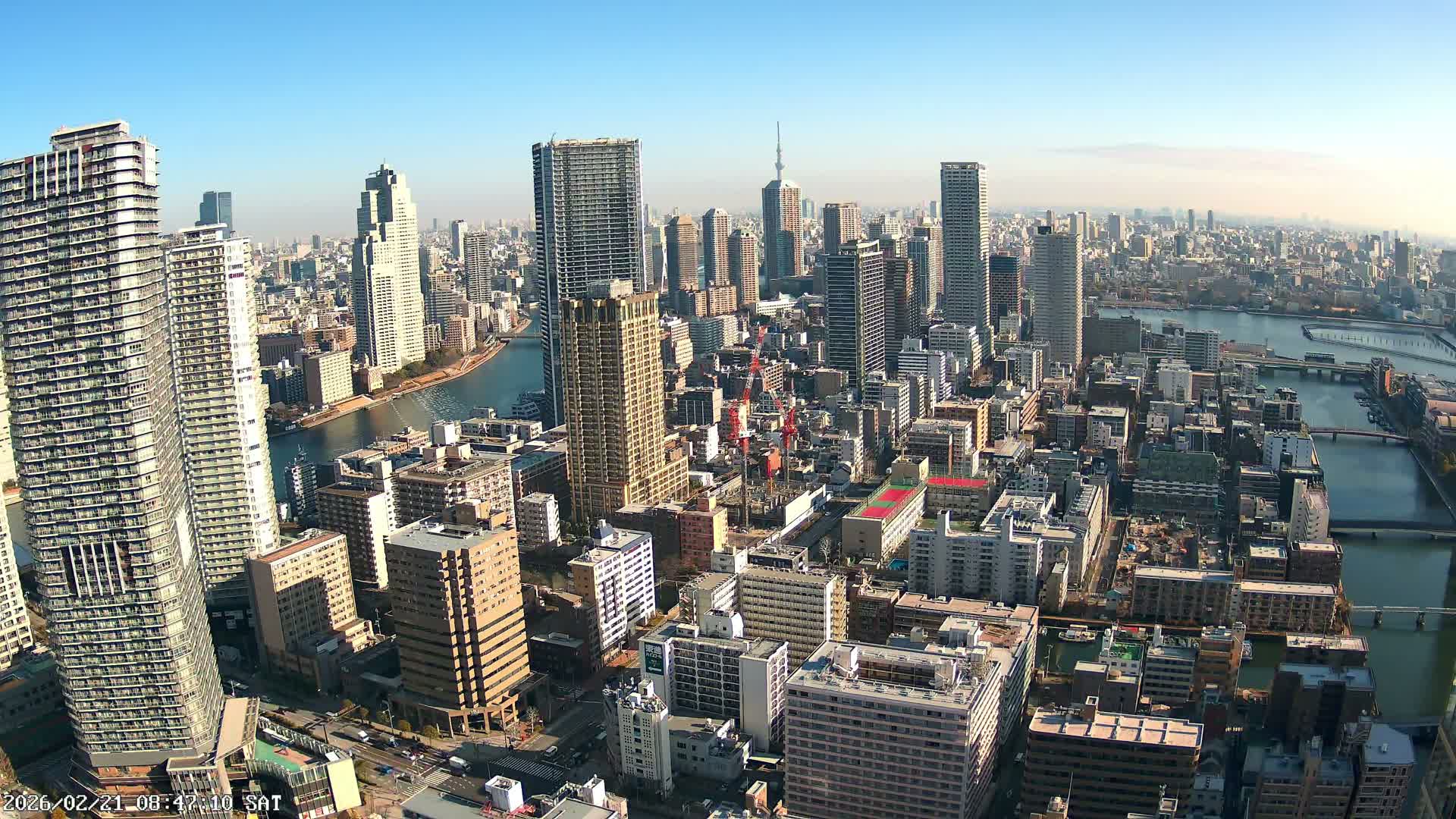 Tokyo, Kachidoki, Sumida River & Tokyo Downtown Skyline towards North View from Kachidoki ( 東京、勝どき、隅田川、北に向かう東京の下町のスカイライン 勝どきからの眺め )Live Cam - 4 Chome, Kachidoki, Chuo ku, Tokyo, Kantō, Honshu, Japan