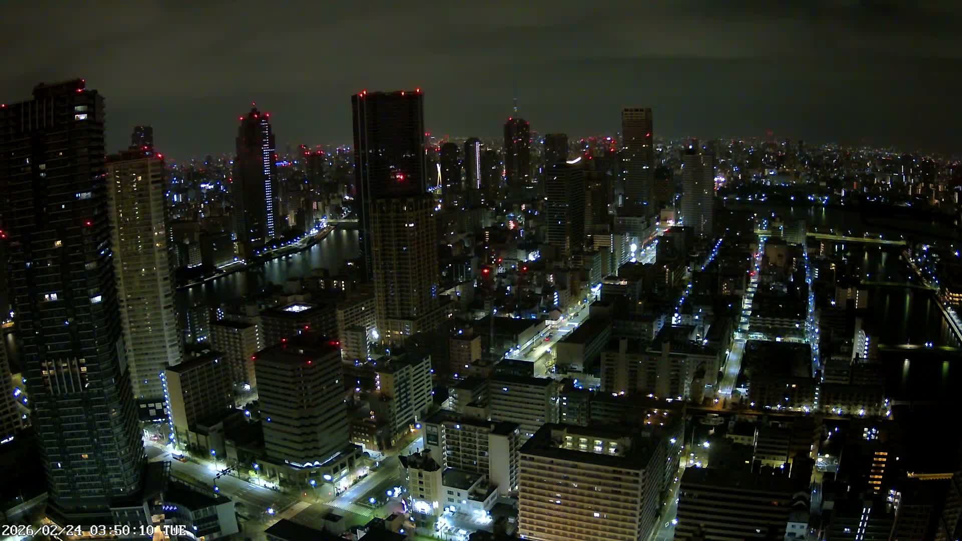 Tokyo, Kachidoki, Sumida River & Tokyo Downtown Skyline towards North View from Kachidoki ( 東京、勝どき、隅田川、北に向かう東京の下町のスカイライン 勝どきからの眺め )Live Cam - 4 Chome, Kachidoki, Chuo ku, Tokyo, Kantō, Honshu, Japan