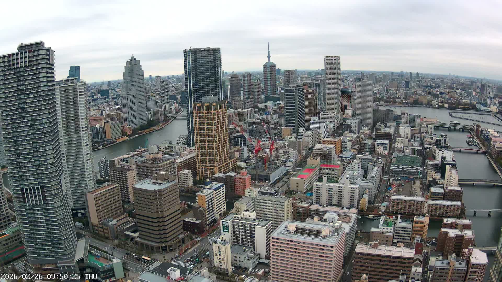 Tokyo, Kachidoki, Sumida River & Tokyo Downtown Skyline towards North View from Kachidoki ( 東京、勝どき、隅田川、北に向かう東京の下町のスカイライン 勝どきからの眺め )Live Cam - 4 Chome, Kachidoki, Chuo ku, Tokyo, Kantō, Honshu, Japan