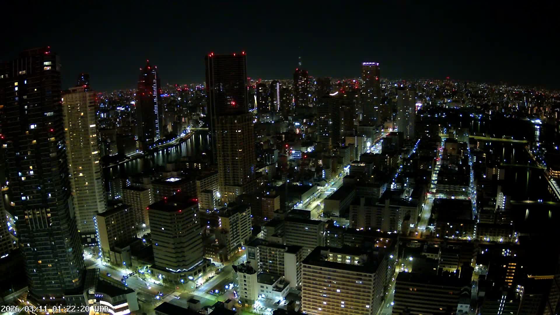 Tokyo, Kachidoki, Sumida River & Tokyo Downtown Skyline towards North View from Kachidoki ( 東京、勝どき、隅田川、北に向かう東京の下町のスカイライン 勝どきからの眺め )Live Cam - 4 Chome, Kachidoki, Chuo ku, Tokyo, Kantō, Honshu, Japan