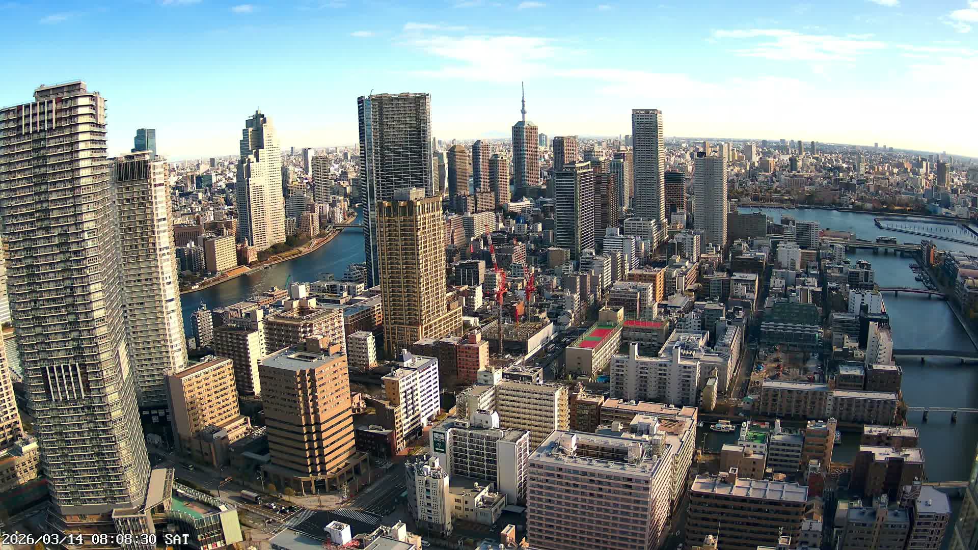 Tokyo, Kachidoki, Sumida River & Tokyo Downtown Skyline towards North View from Kachidoki ( 東京、勝どき、隅田川、北に向かう東京の下町のスカイライン 勝どきからの眺め )Live Cam - 4 Chome, Kachidoki, Chuo ku, Tokyo, Kantō, Honshu, Japan